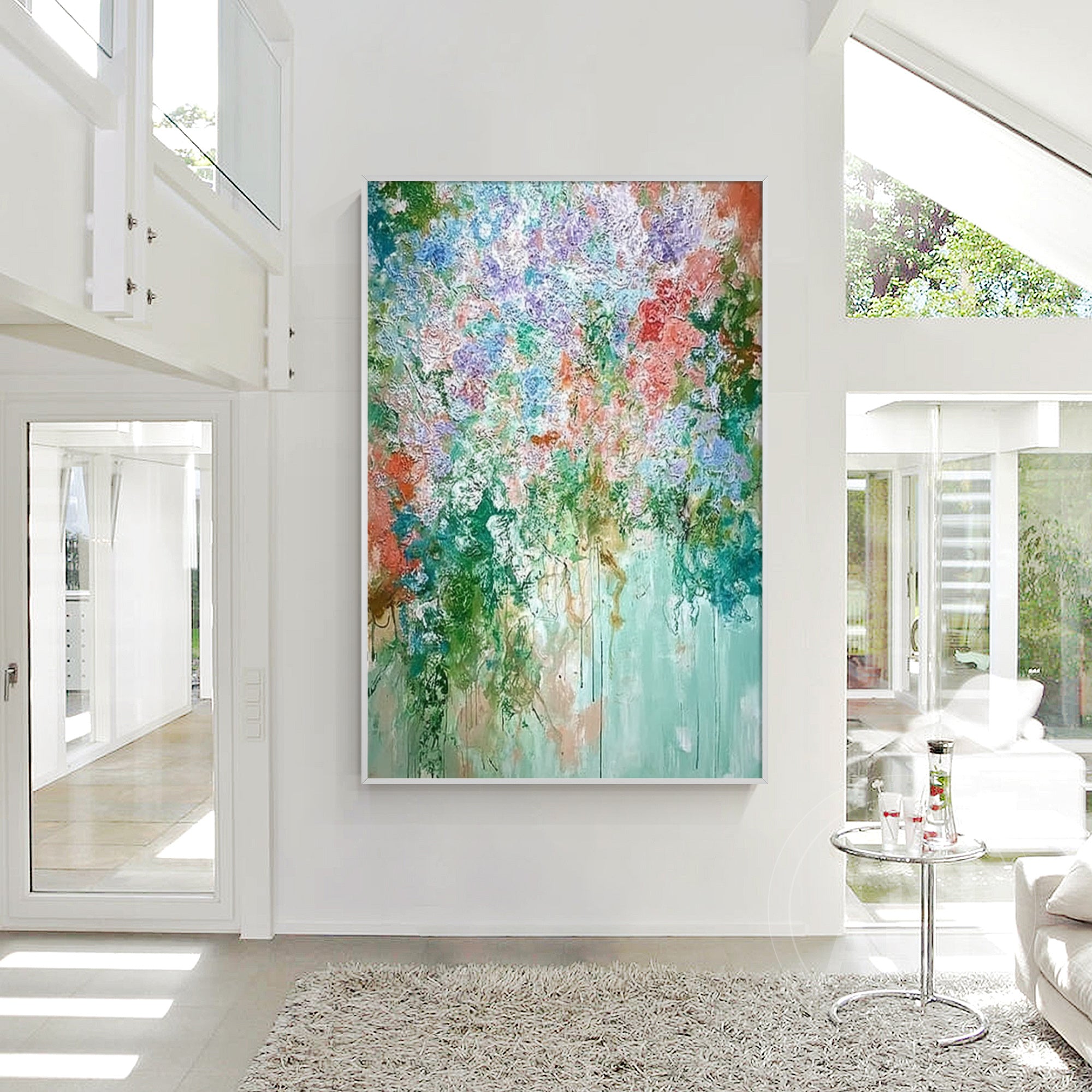 Vertical textured impasto cascading floral oil painting, colorful dripping paint abstract flower canvas wall art