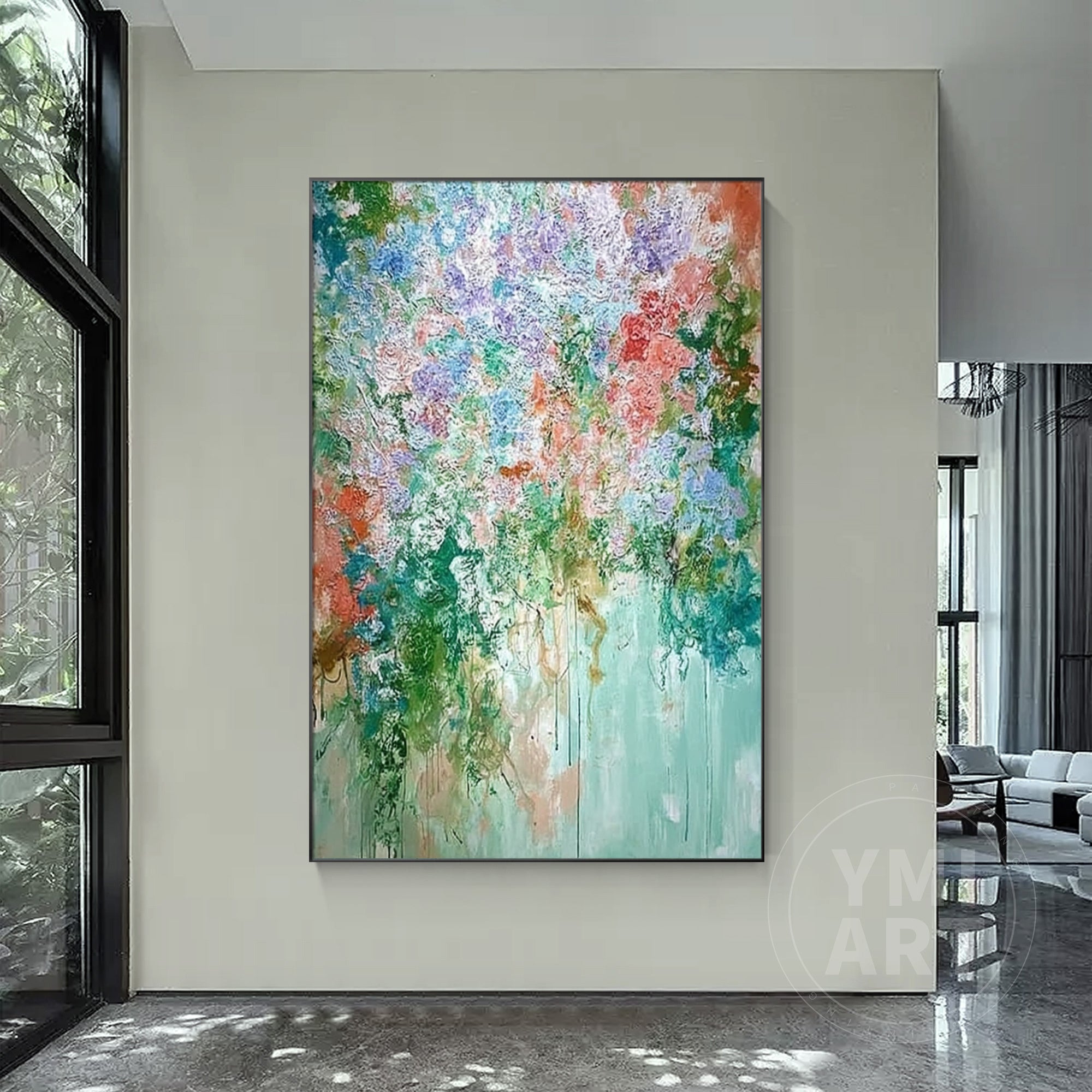 Vertical textured impasto cascading floral oil painting, colorful dripping paint abstract flower canvas wall art