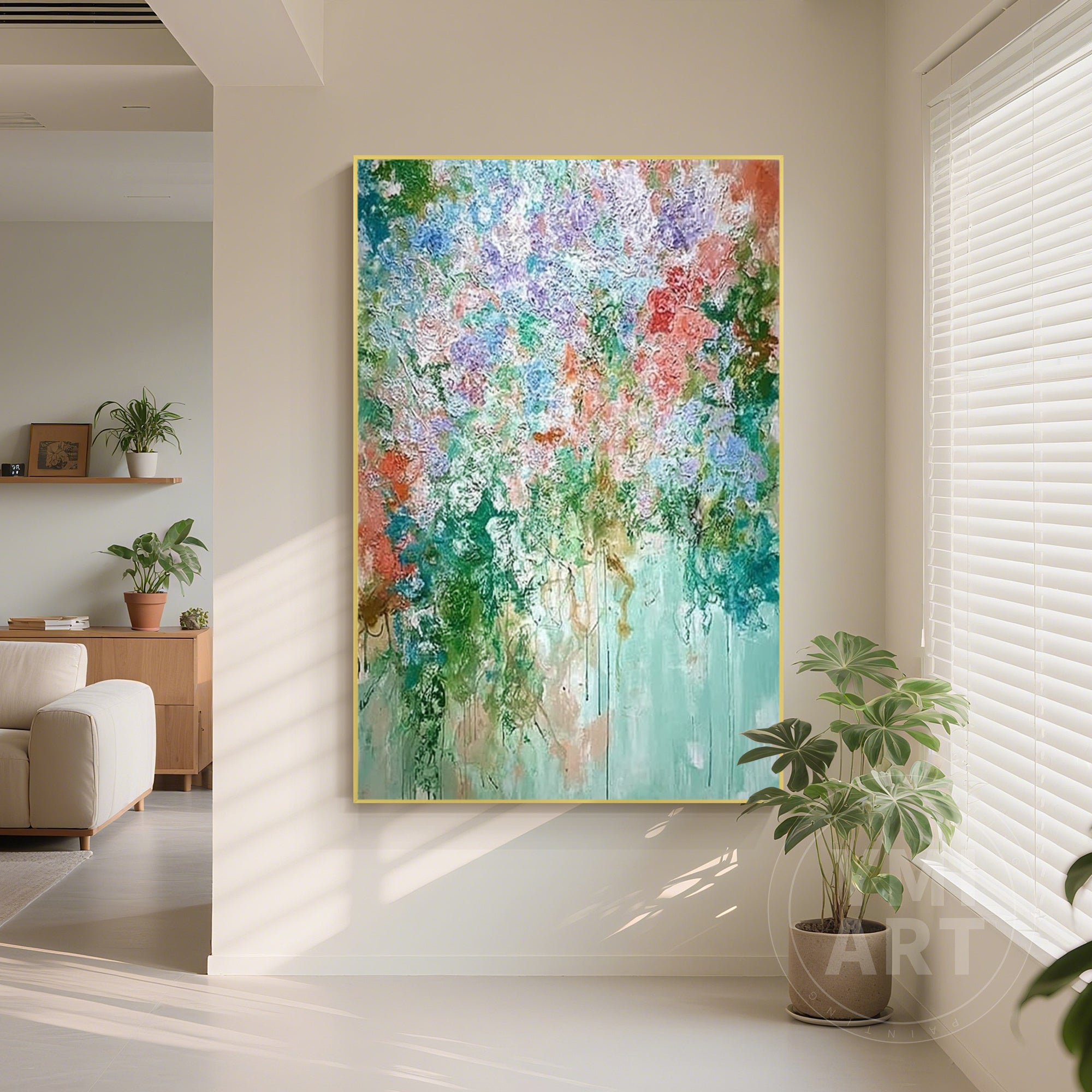Vertical textured impasto cascading floral oil painting, colorful dripping paint abstract flower canvas wall art