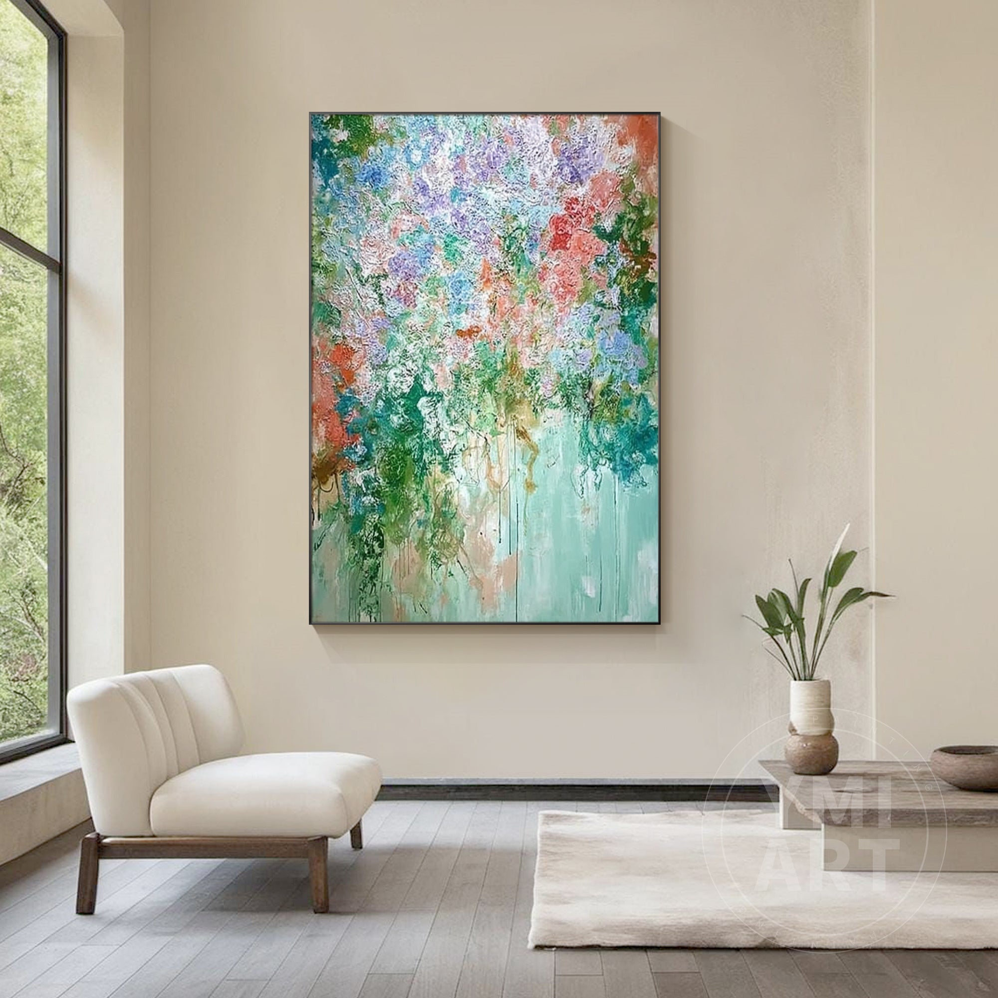 Vertical textured impasto cascading floral oil painting, colorful dripping paint abstract flower canvas wall art