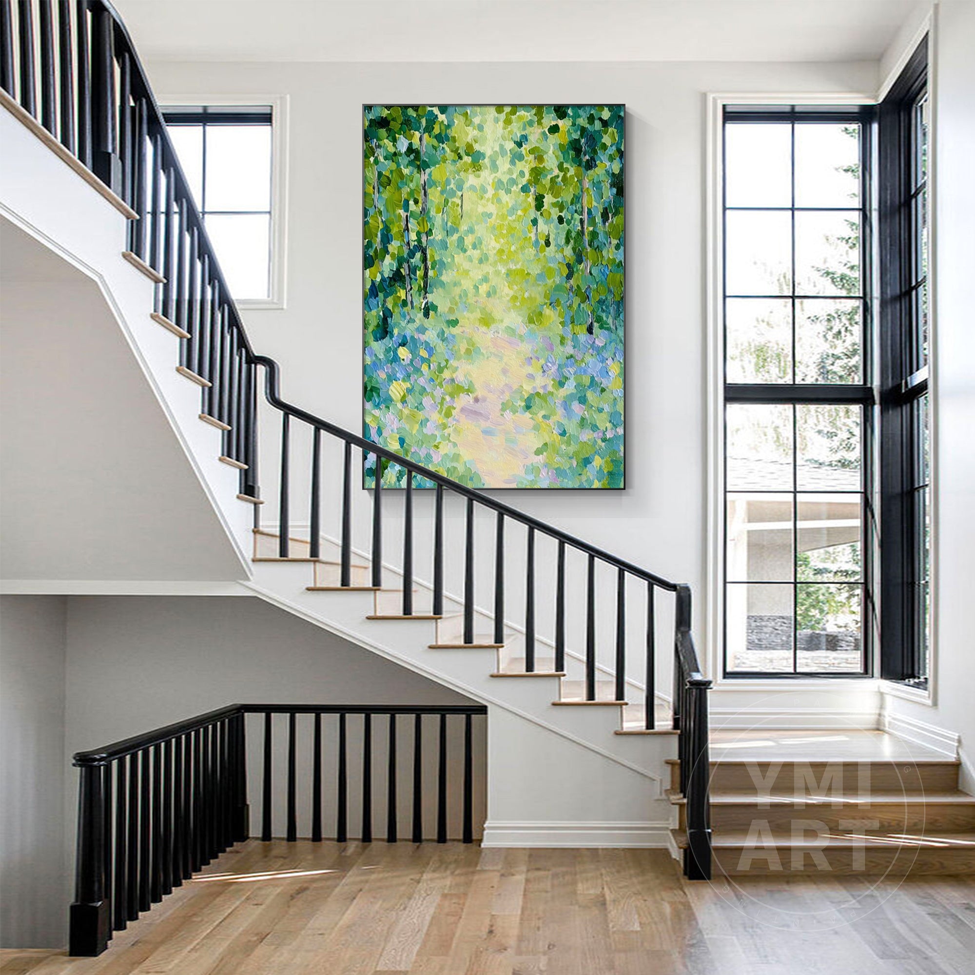 Vertical impasto forest path oil painting, textured impressionist green woodland trail canvas wall art