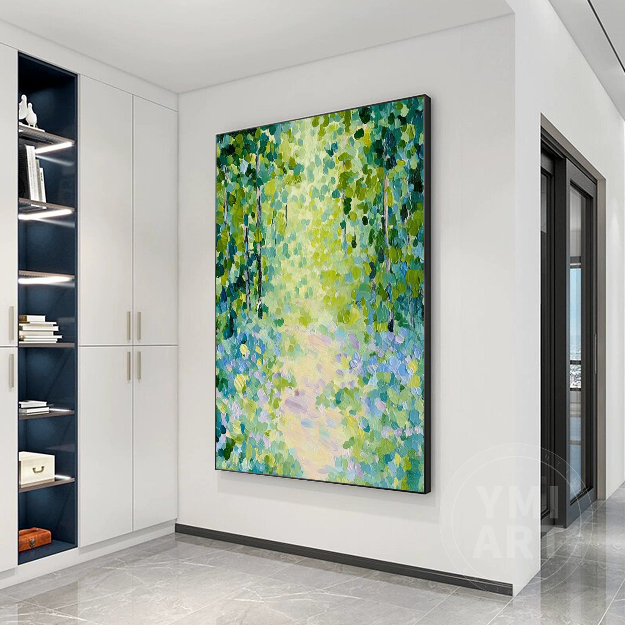 Vertical impasto forest path oil painting, textured impressionist green woodland trail canvas wall art