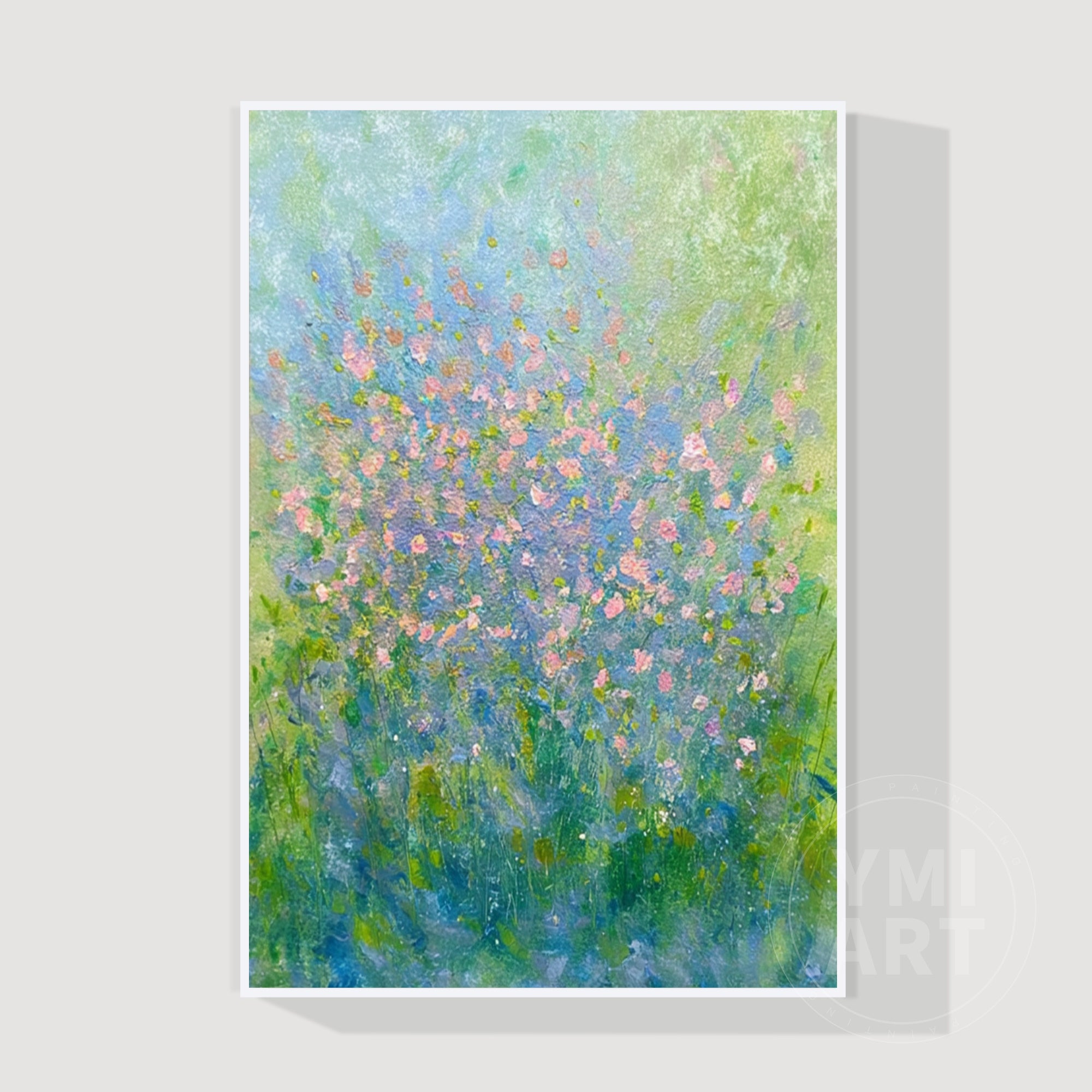 Abstract wildflower painting with blue and green background and soft pink blossoms, impressionist floral garden canvas with textured brushstrokes, vertical nature wall art