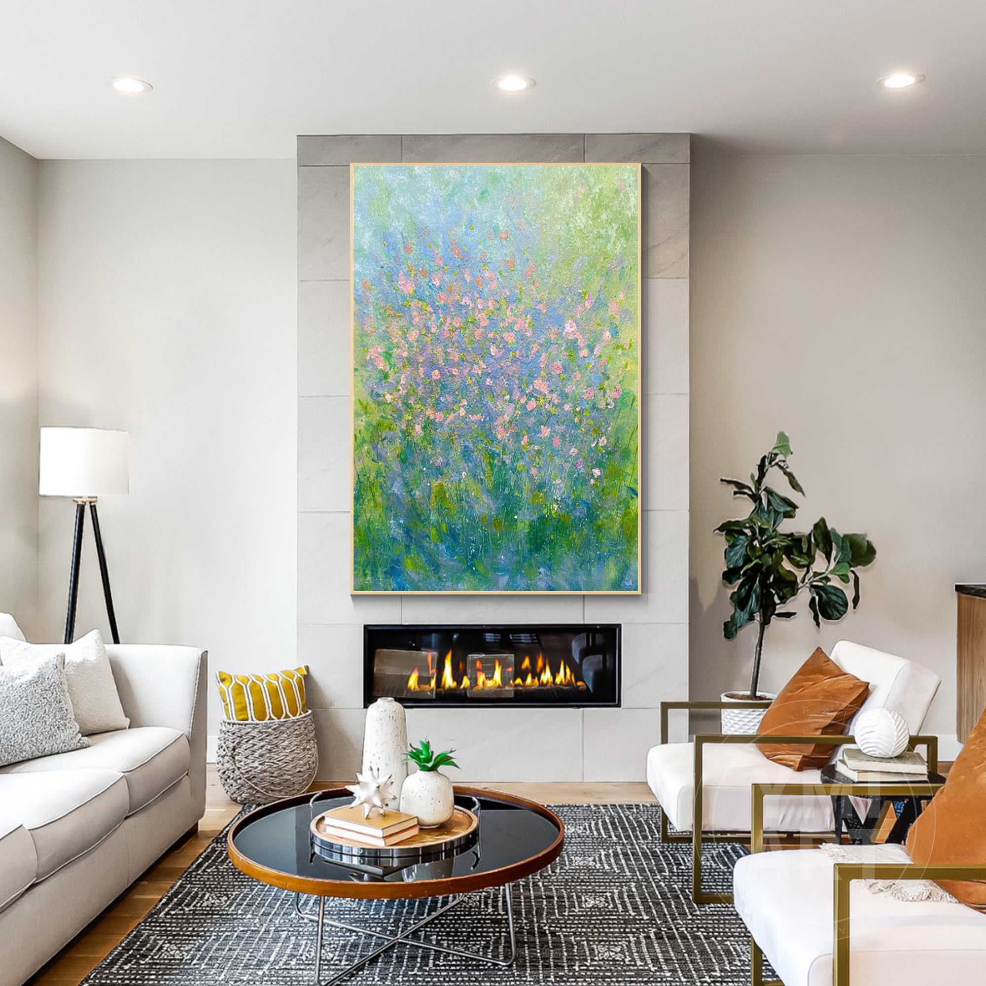 Abstract wildflower painting with blue and green background and soft pink blossoms, impressionist floral garden canvas with textured brushstrokes, vertical nature wall art