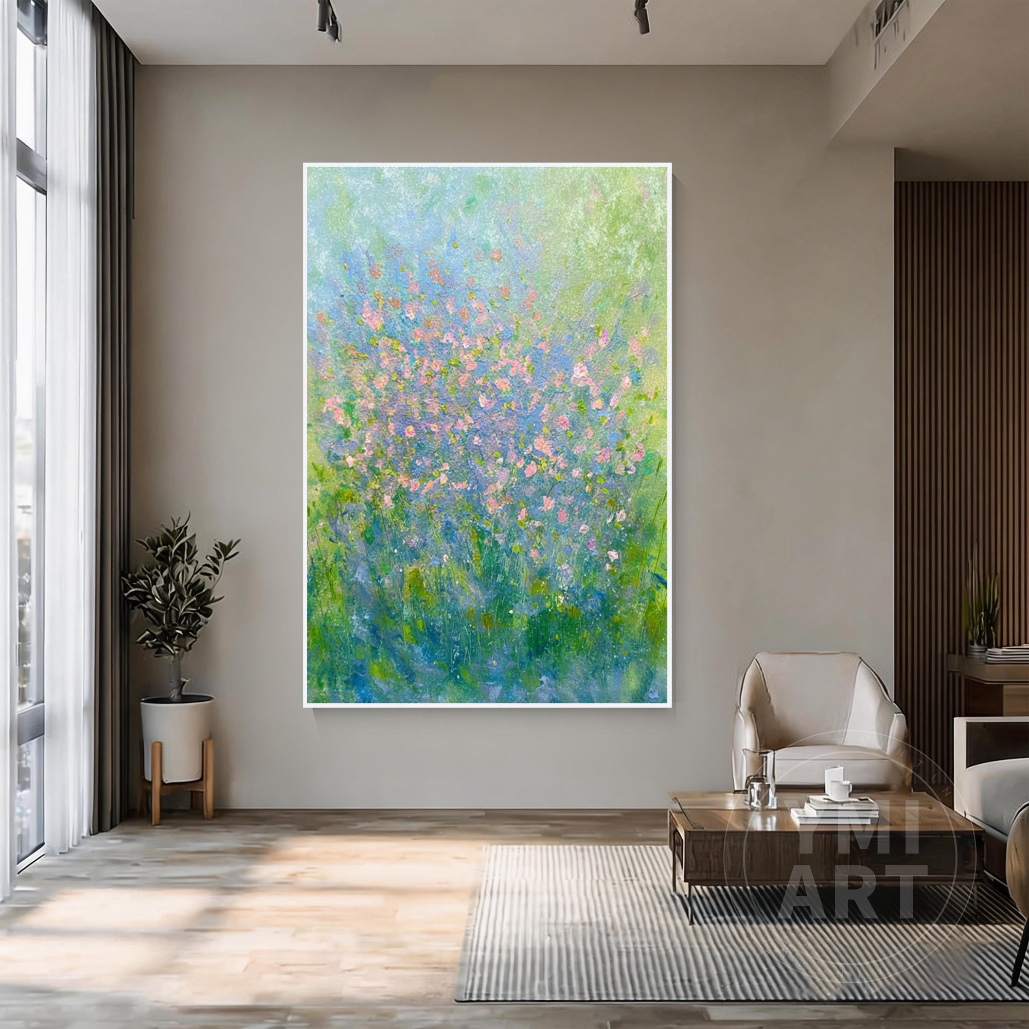Abstract wildflower painting with blue and green background and soft pink blossoms, impressionist floral garden canvas with textured brushstrokes, vertical nature wall art
