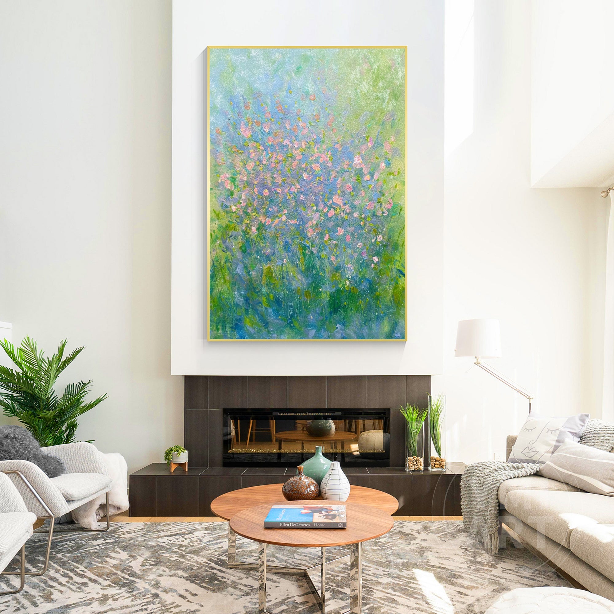 Abstract wildflower painting with blue and green background and soft pink blossoms, impressionist floral garden canvas with textured brushstrokes, vertical nature wall art