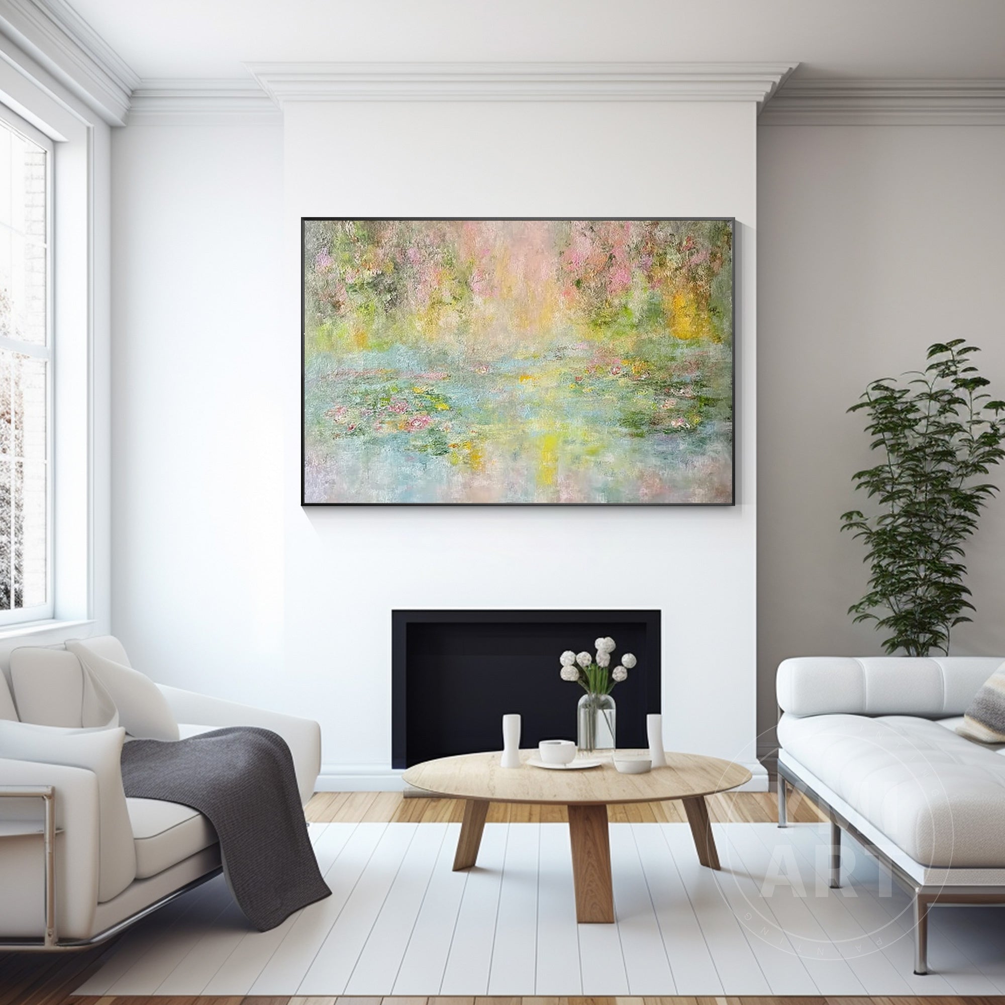 Soft abstract water lily pond painting with gentle green, pink, and yellow tones, impressionist floral landscape canvas with light texture, horizontal wall art for living room decor
