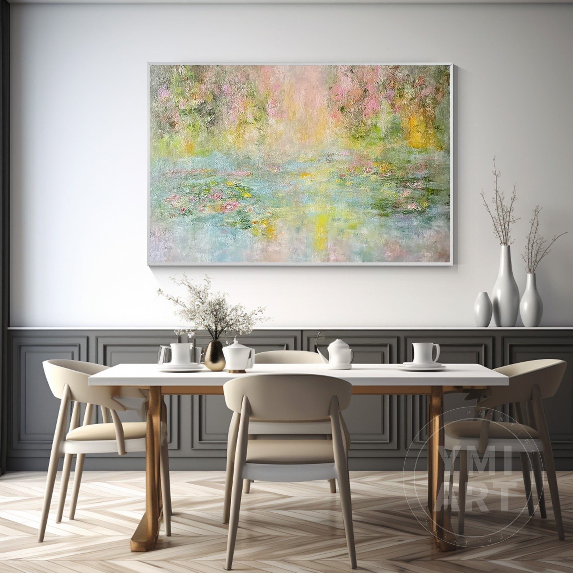 Soft abstract water lily pond painting with gentle green, pink, and yellow tones, impressionist floral landscape canvas with light texture, horizontal wall art for living room decor