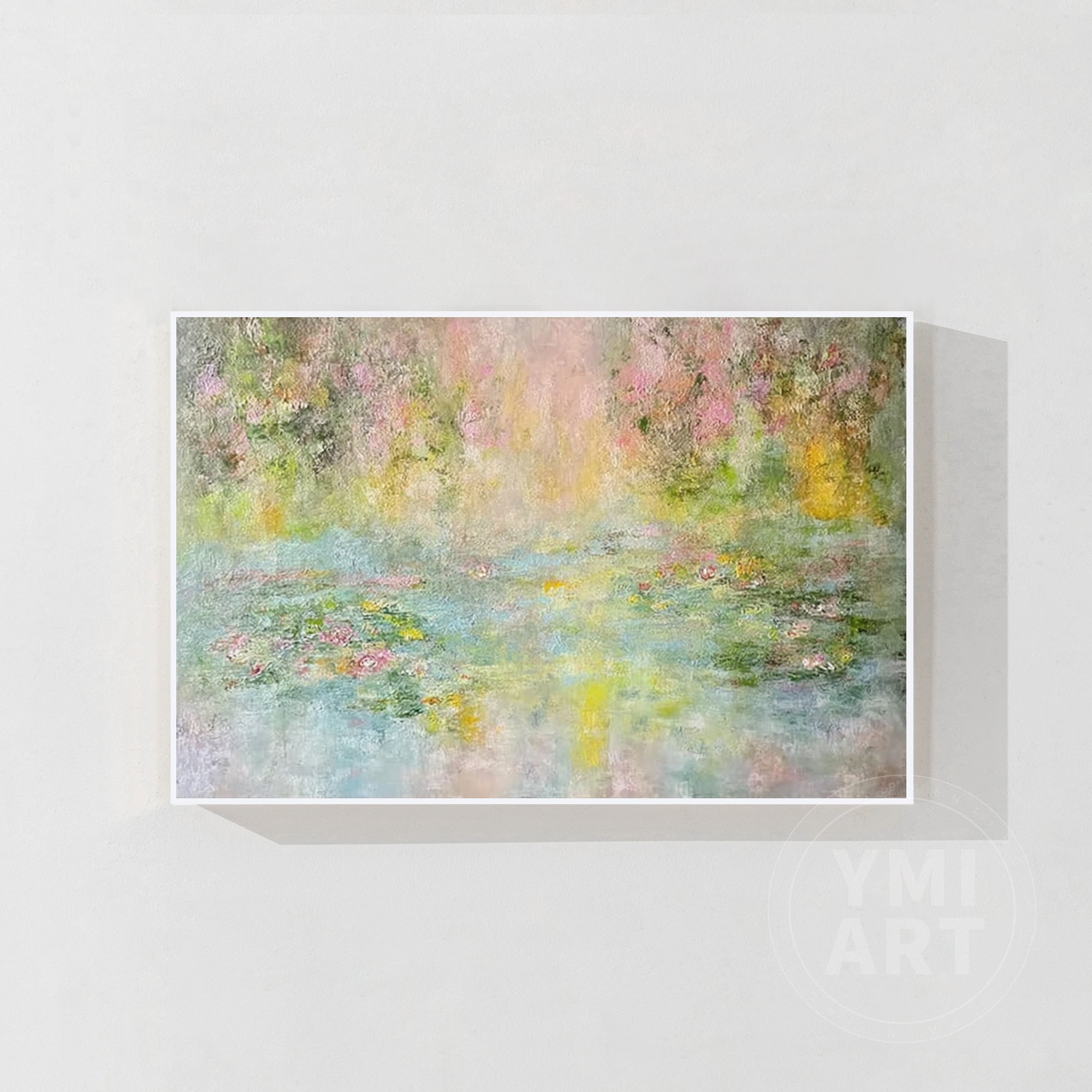 Soft abstract water lily pond painting with gentle green, pink, and yellow tones, impressionist floral landscape canvas with light texture, horizontal wall art for living room decor