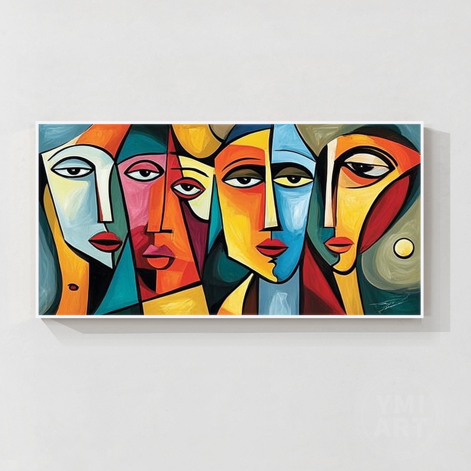 Hand‑painted horizontal cubist geometric abstract face portrait wall art for modern contemporary maximalist home decor