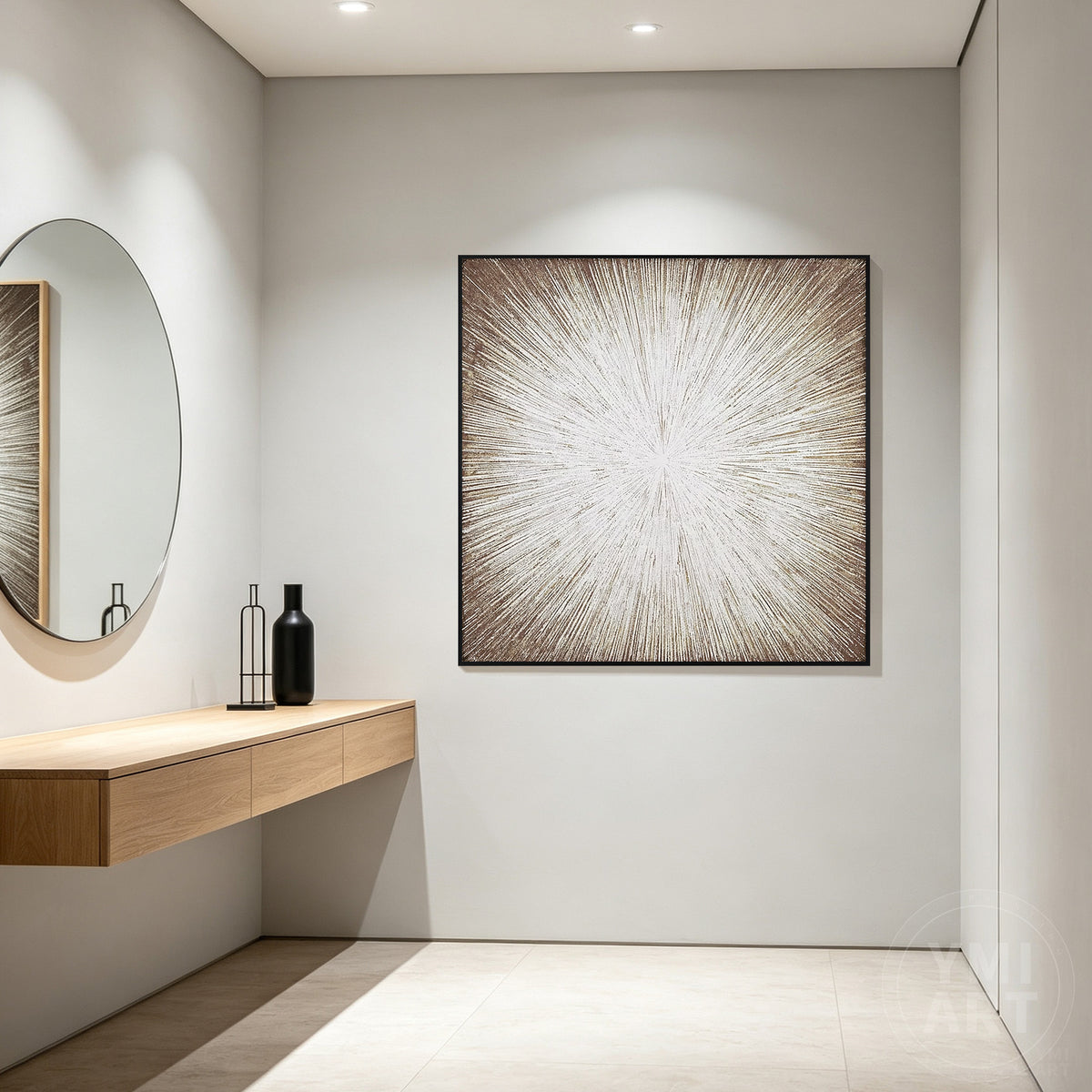Large square textured canvas artwork displayed on a warm wall next to a metallic desk lamp.