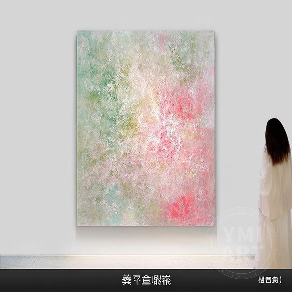 Vertical pastel pink green impasto oil painting, textured soft‑focus abstract spring floral canvas wall art