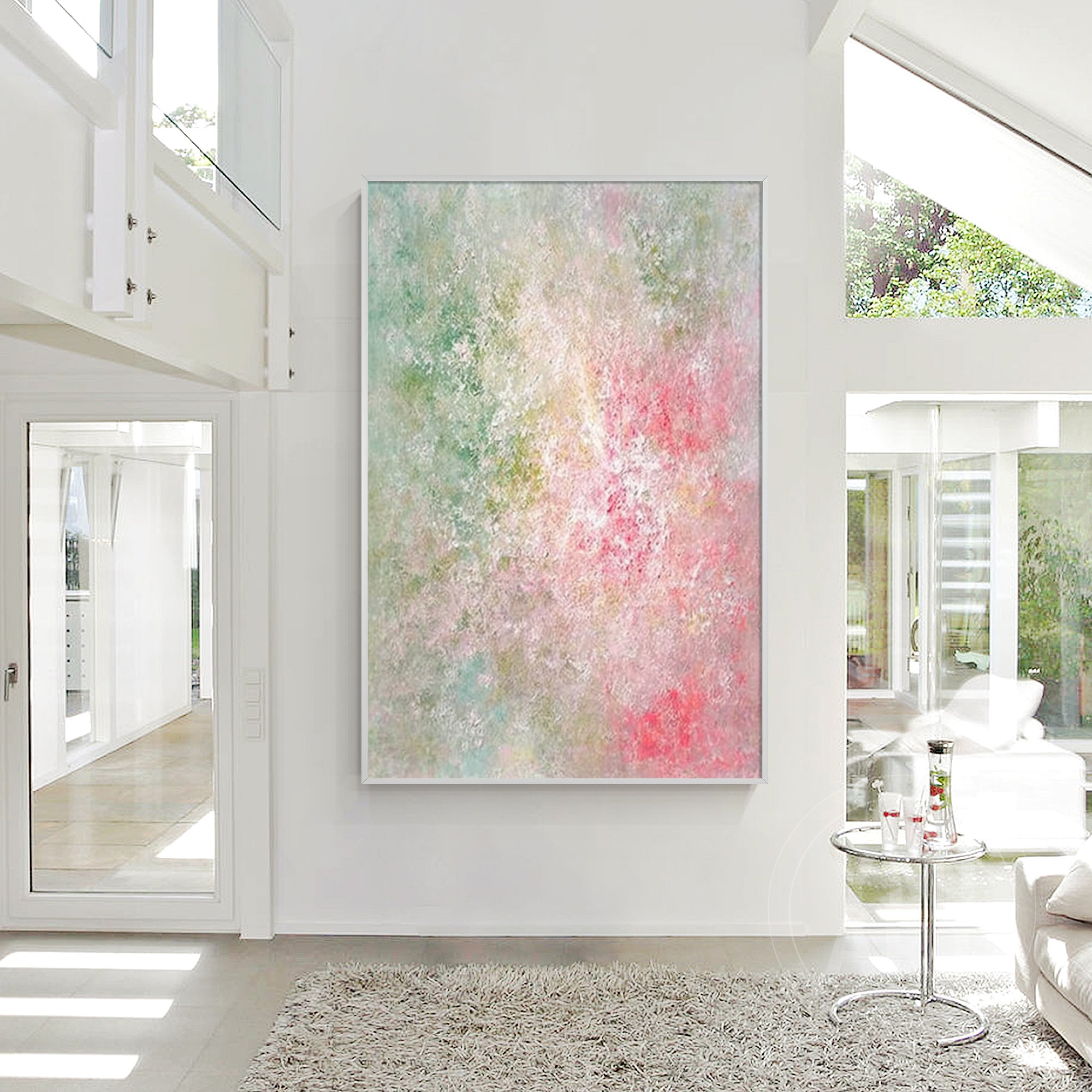Vertical pastel pink green impasto oil painting, textured soft‑focus abstract spring floral canvas wall art