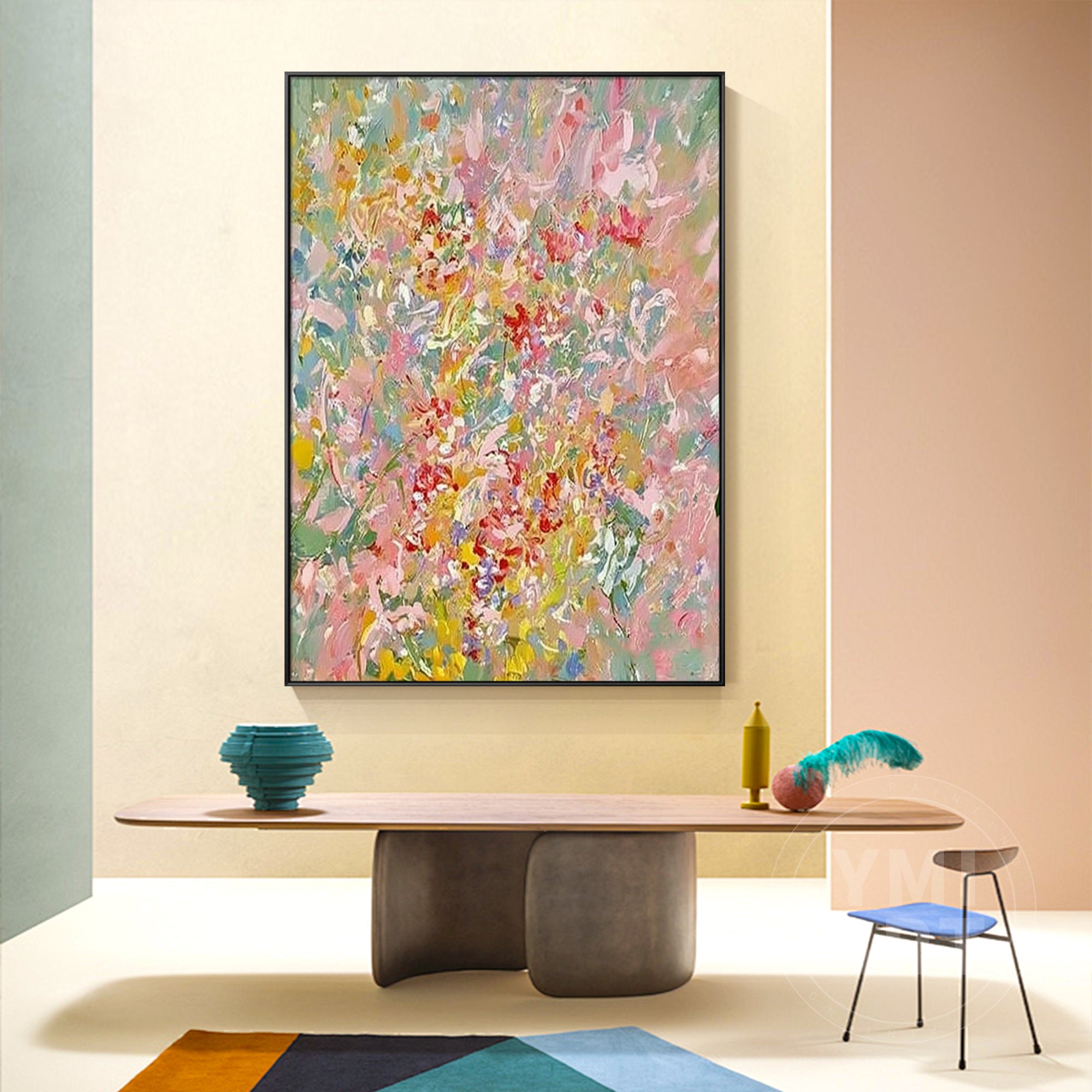 Hand‑painted vertical thick impasto textured abstract spring wildflower wall art with pastel pink yellow green blooms for boho cottagecore modern home decor