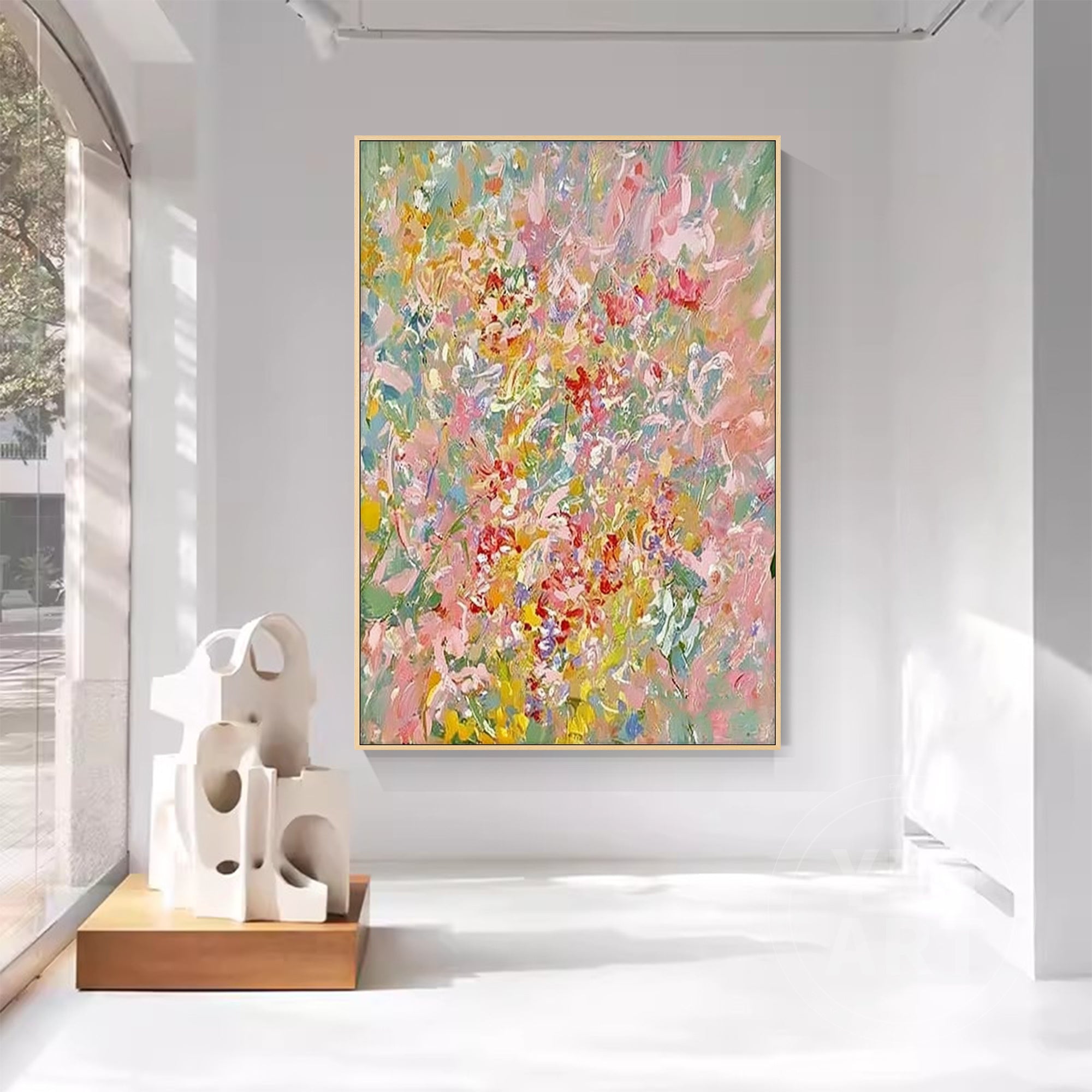 Hand‑painted vertical thick impasto textured abstract spring wildflower wall art with pastel pink yellow green blooms for boho cottagecore modern home decor