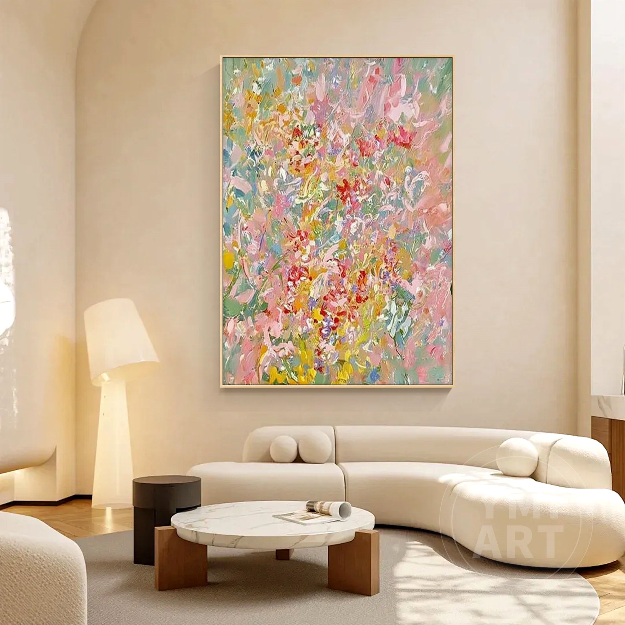 Hand‑painted vertical thick impasto textured abstract spring wildflower wall art with pastel pink yellow green blooms for boho cottagecore modern home decor