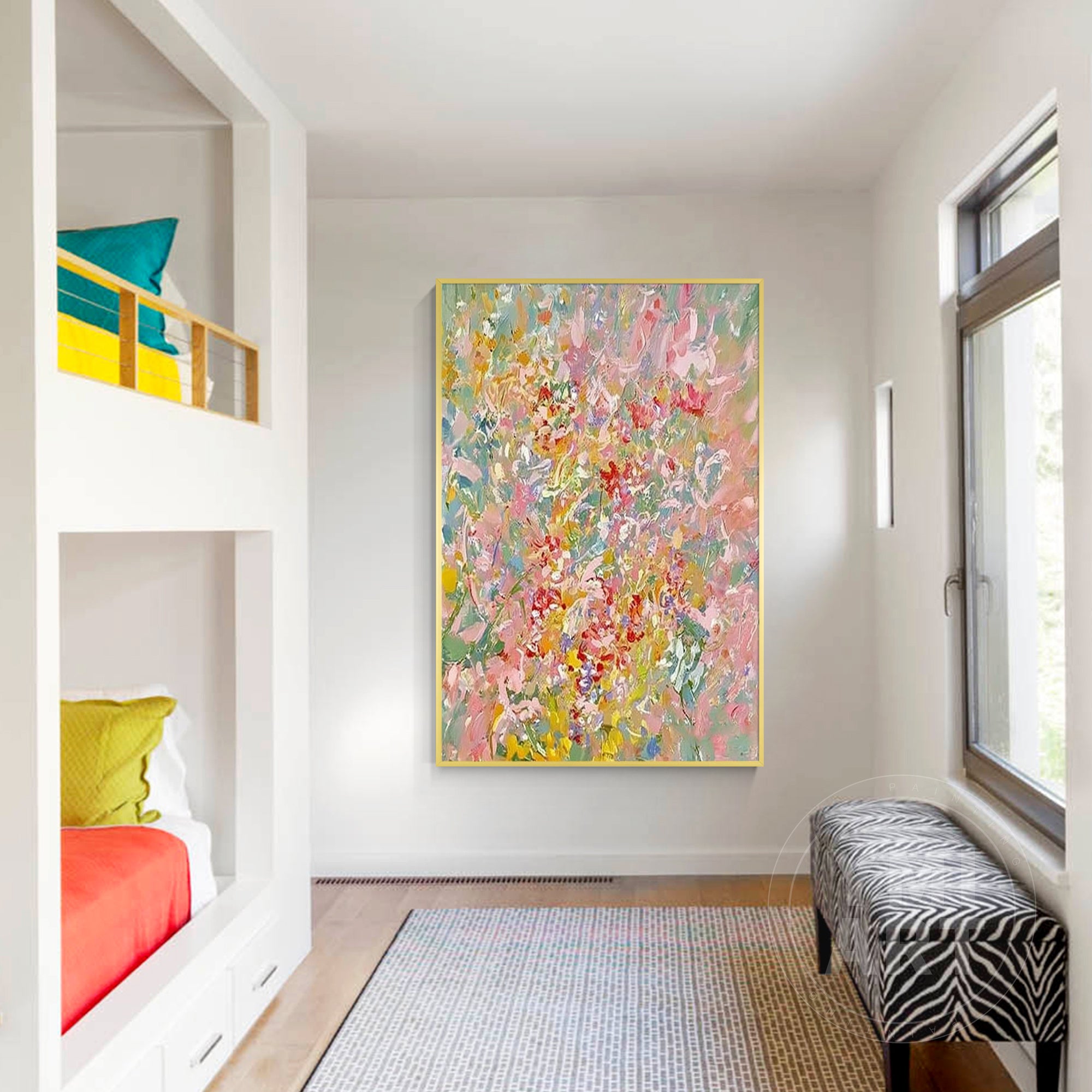 Hand‑painted vertical thick impasto textured abstract spring wildflower wall art with pastel pink yellow green blooms for boho cottagecore modern home decor