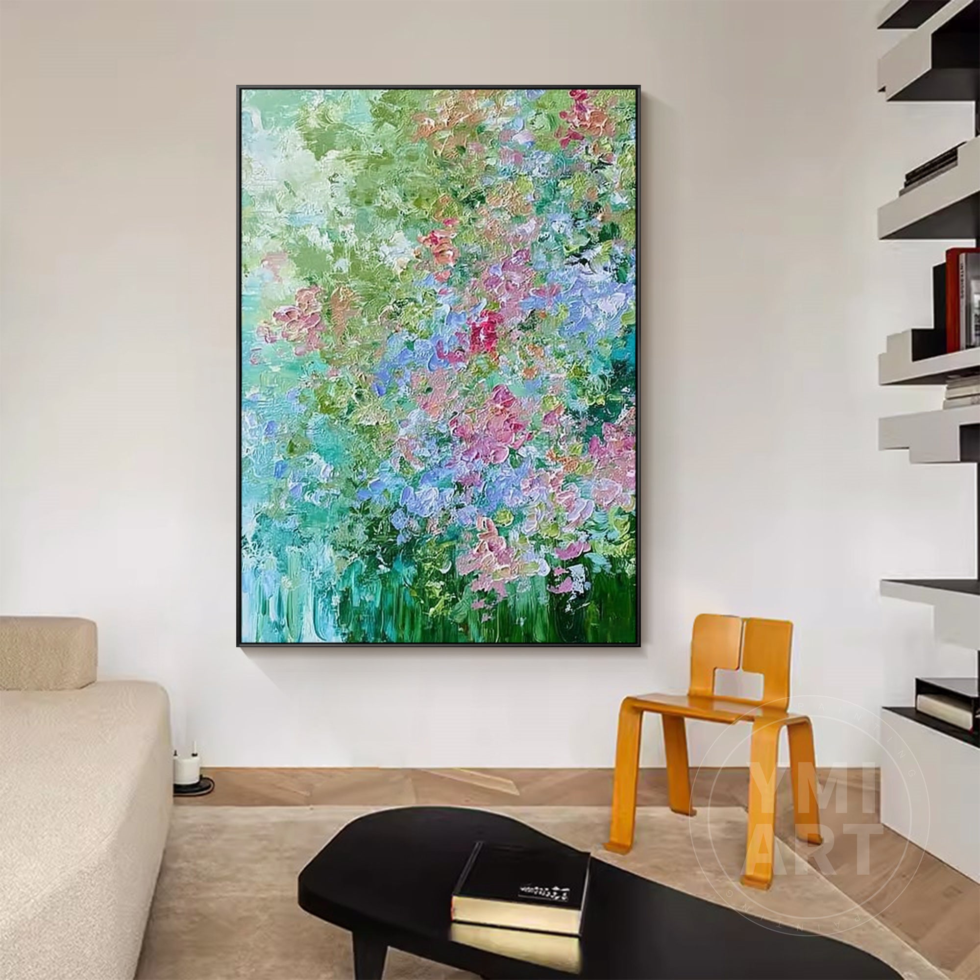 Hand‑painted vertical drip‑style impasto textured abstract hydrangea floral wall art with green blue pink blooms and gold frame for boho cottagecore modern home decor