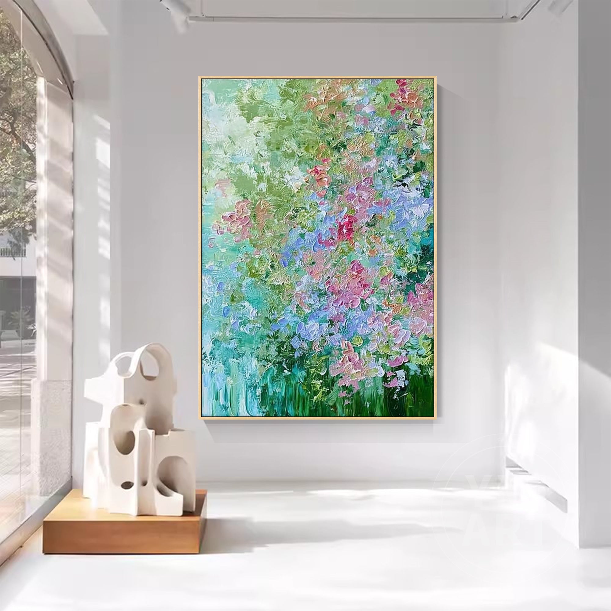 Hand‑painted vertical drip‑style impasto textured abstract hydrangea floral wall art with green blue pink blooms and gold frame for boho cottagecore modern home decor