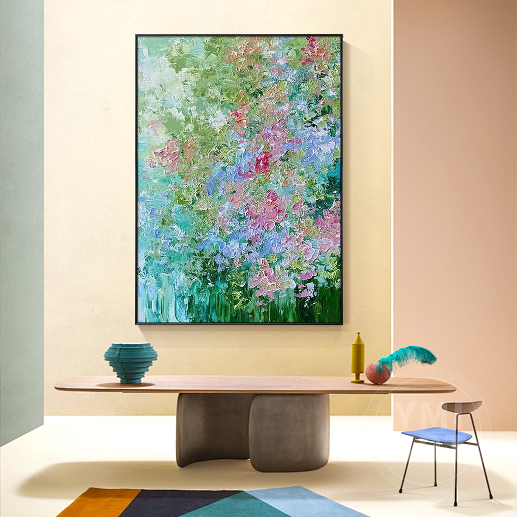 Hand‑painted vertical drip‑style impasto textured abstract hydrangea floral wall art with green blue pink blooms and gold frame for boho cottagecore modern home decor