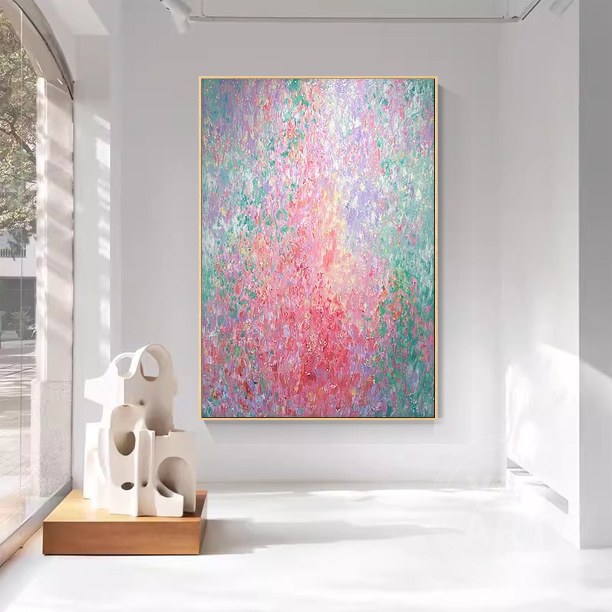 Hand‑painted vertical Monet‑style pointillism abstract floral impasto wall art with pastel pink green purple blooming flowers for boho cottagecore modern home decor