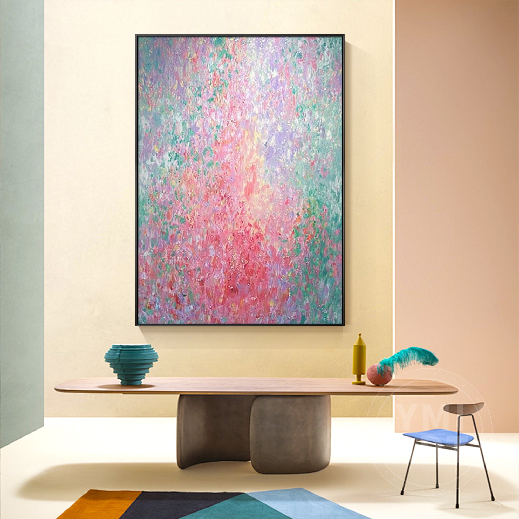 Hand‑painted vertical Monet‑style pointillism abstract floral impasto wall art with pastel pink green purple blooming flowers for boho cottagecore modern home decor