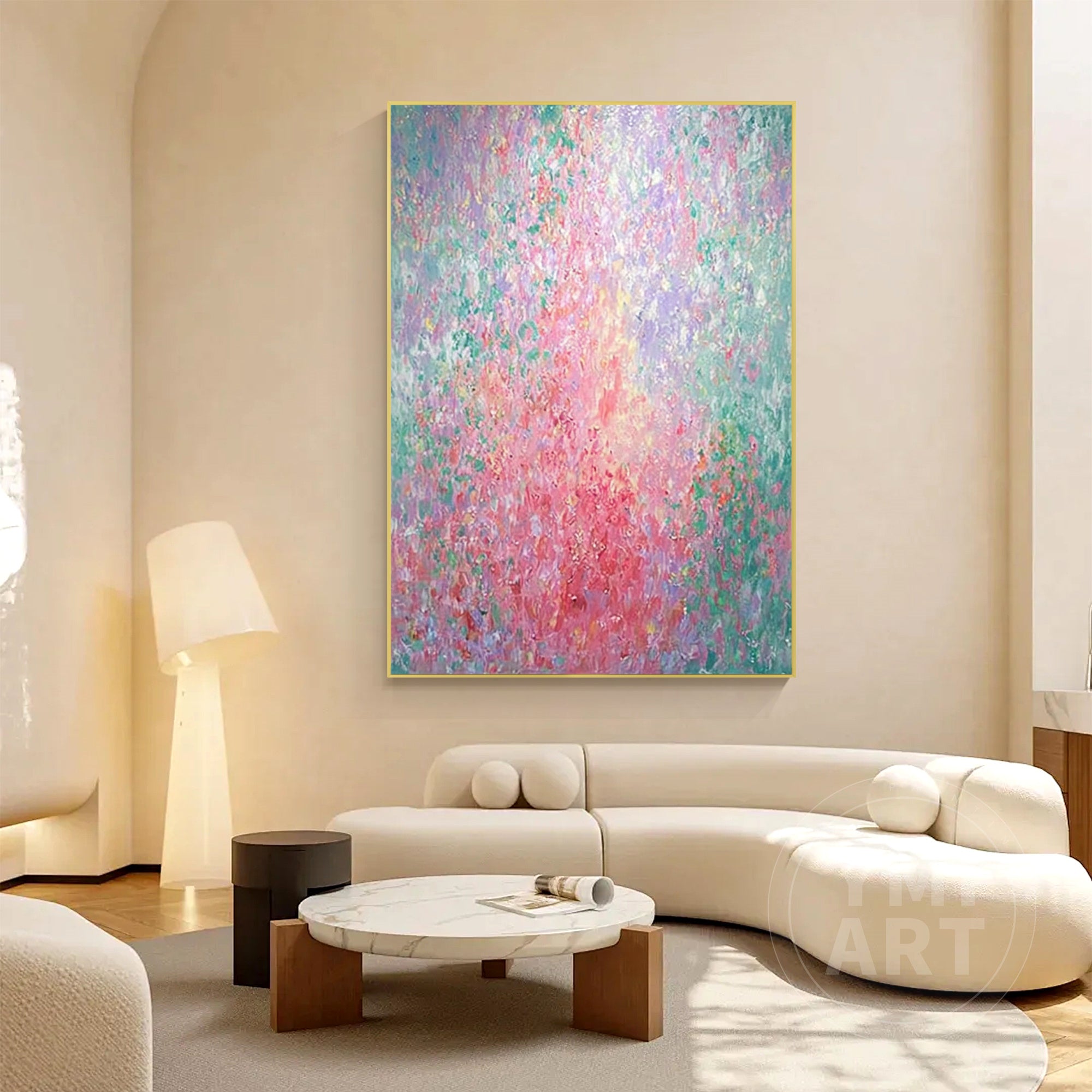 Hand‑painted vertical Monet‑style pointillism abstract floral impasto wall art with pastel pink green purple blooming flowers for boho cottagecore modern home decor