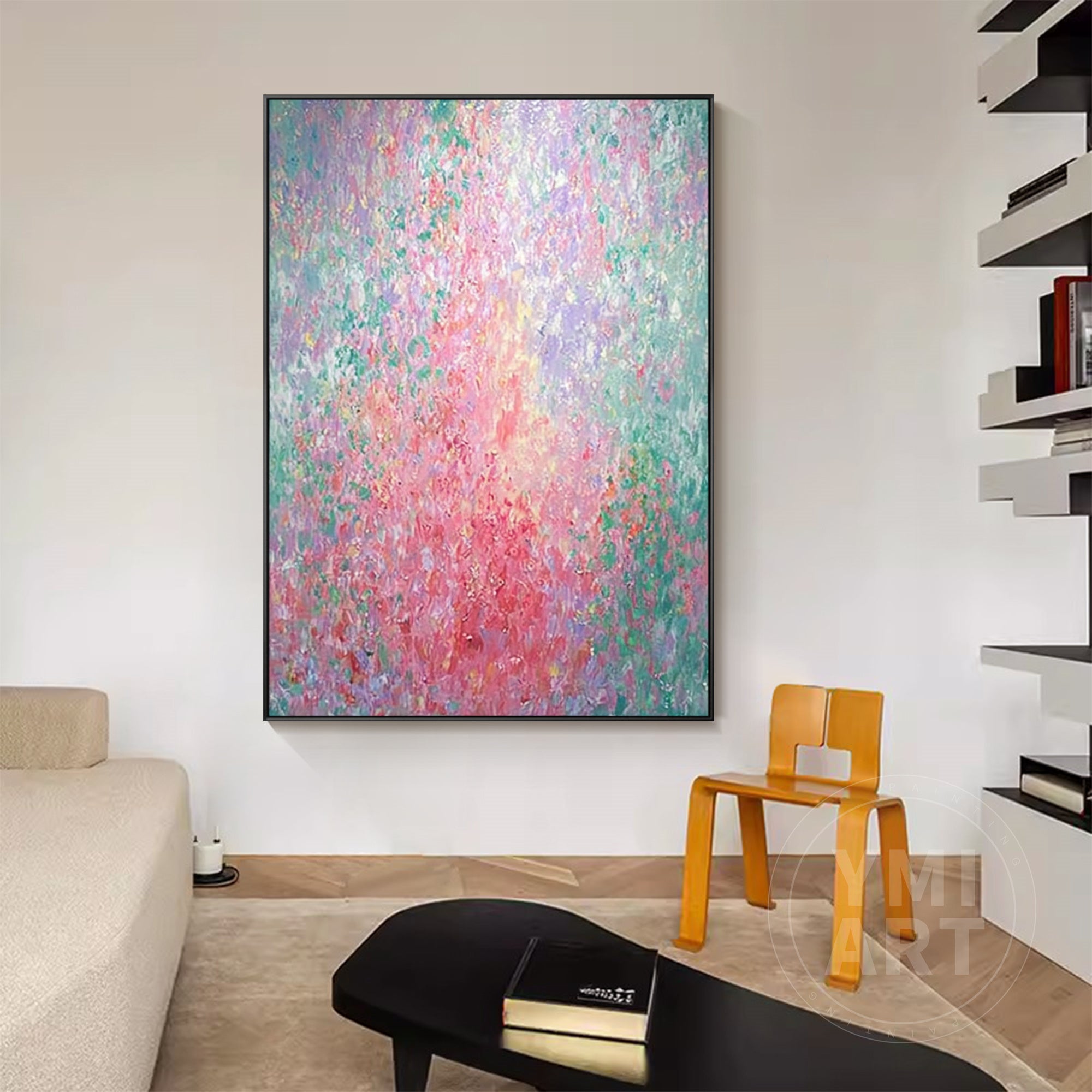 Hand‑painted vertical Monet‑style pointillism abstract floral impasto wall art with pastel pink green purple blooming flowers for boho cottagecore modern home decor