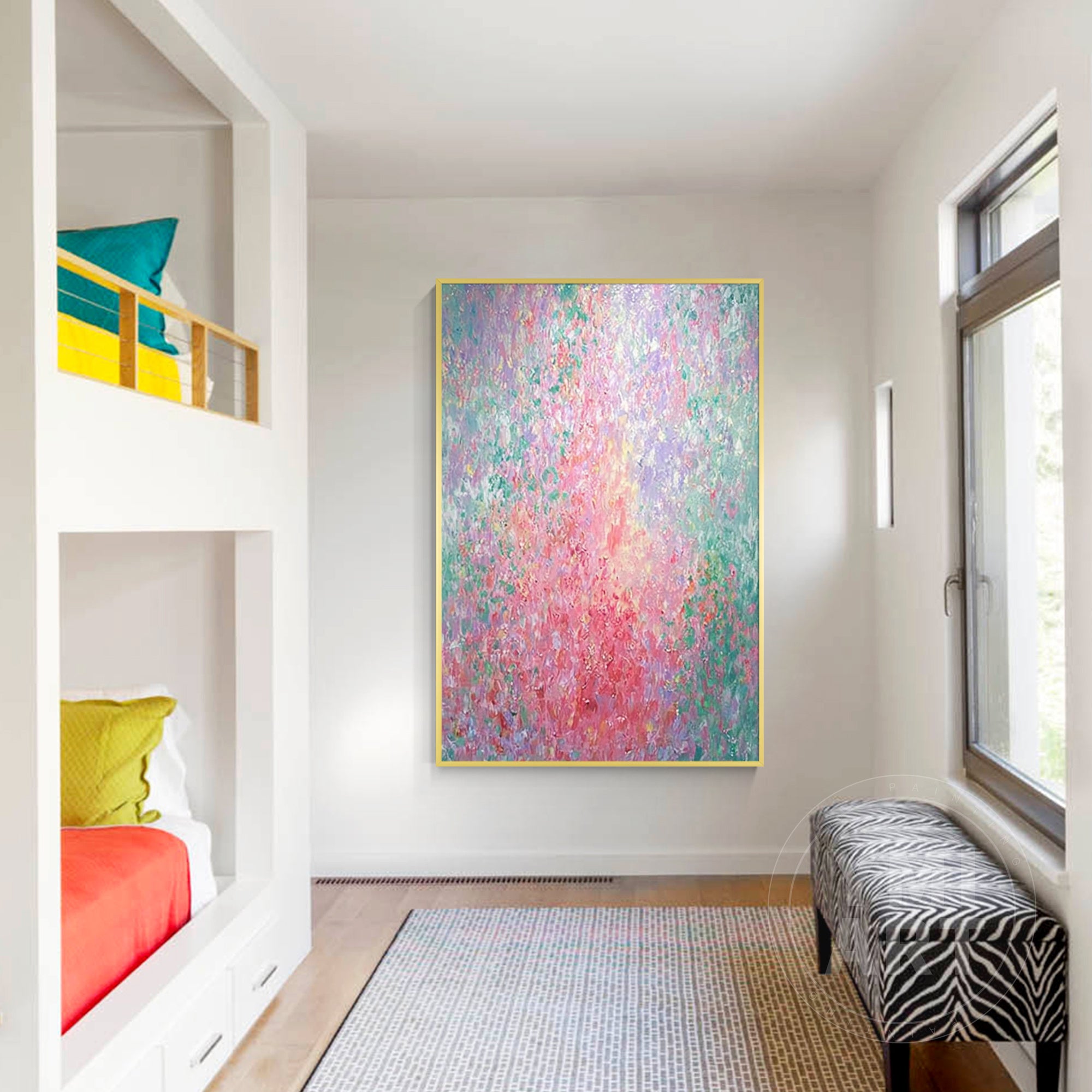 Hand‑painted vertical Monet‑style pointillism abstract floral impasto wall art with pastel pink green purple blooming flowers for boho cottagecore modern home decor