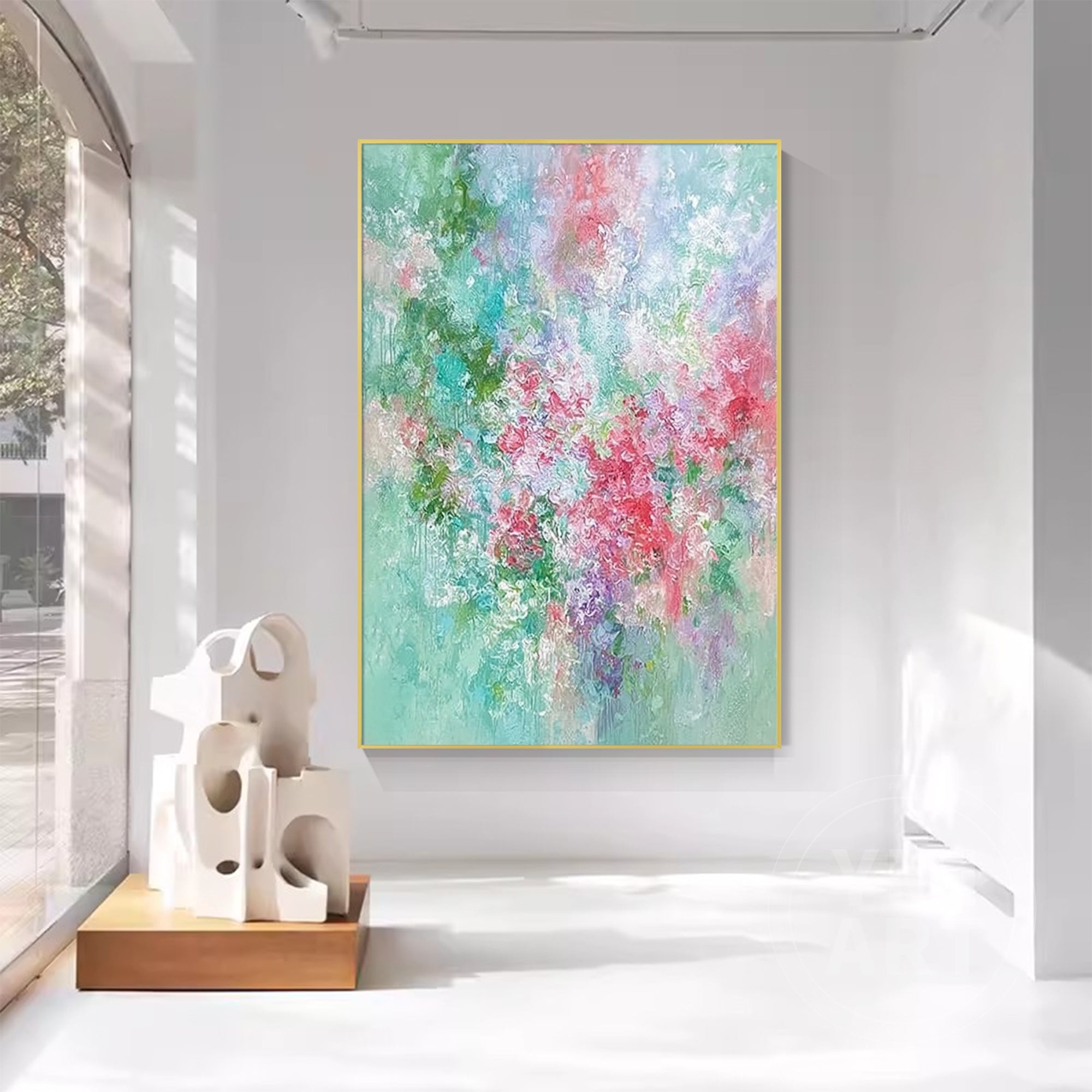 Hand‑painted vertical abstract impasto floral textured wall art with pastel green pink purple garden flowers for cottagecore boho modern home decor