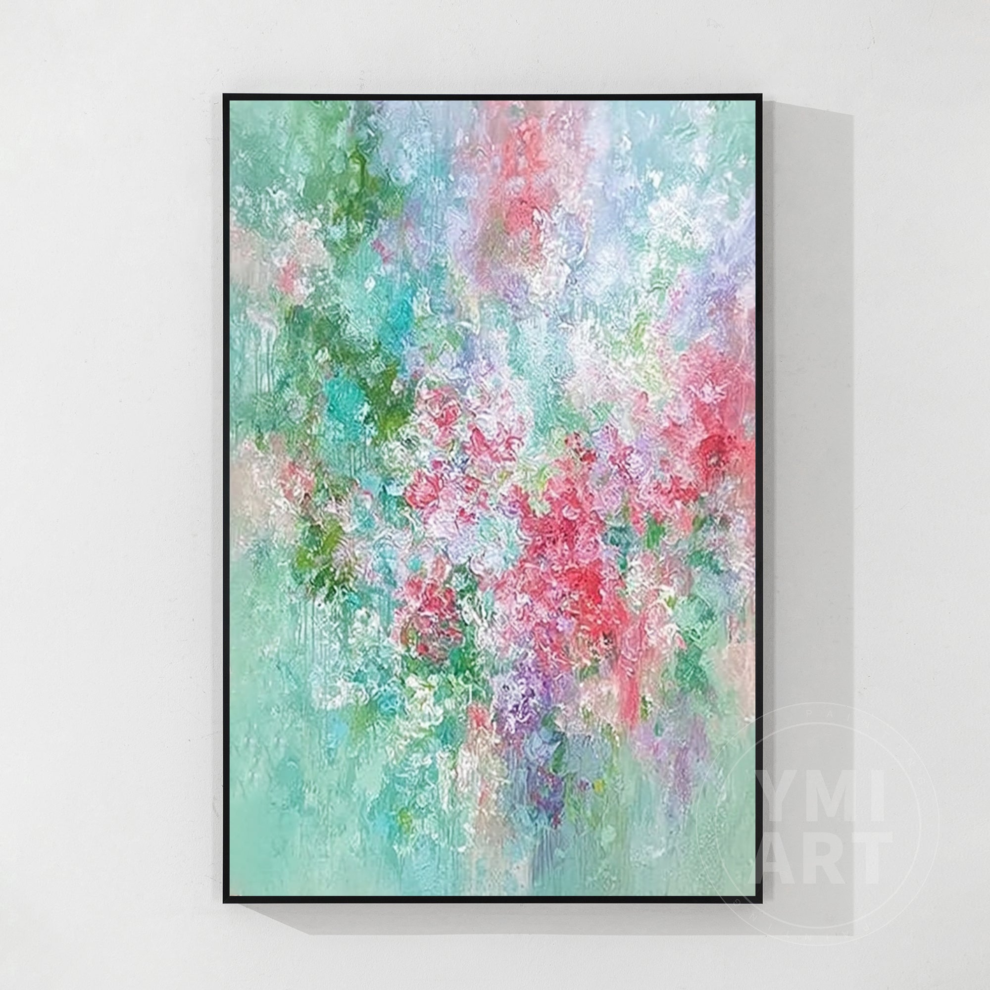 Hand‑painted vertical abstract impasto floral textured wall art with pastel green pink purple garden flowers for cottagecore boho modern home decor