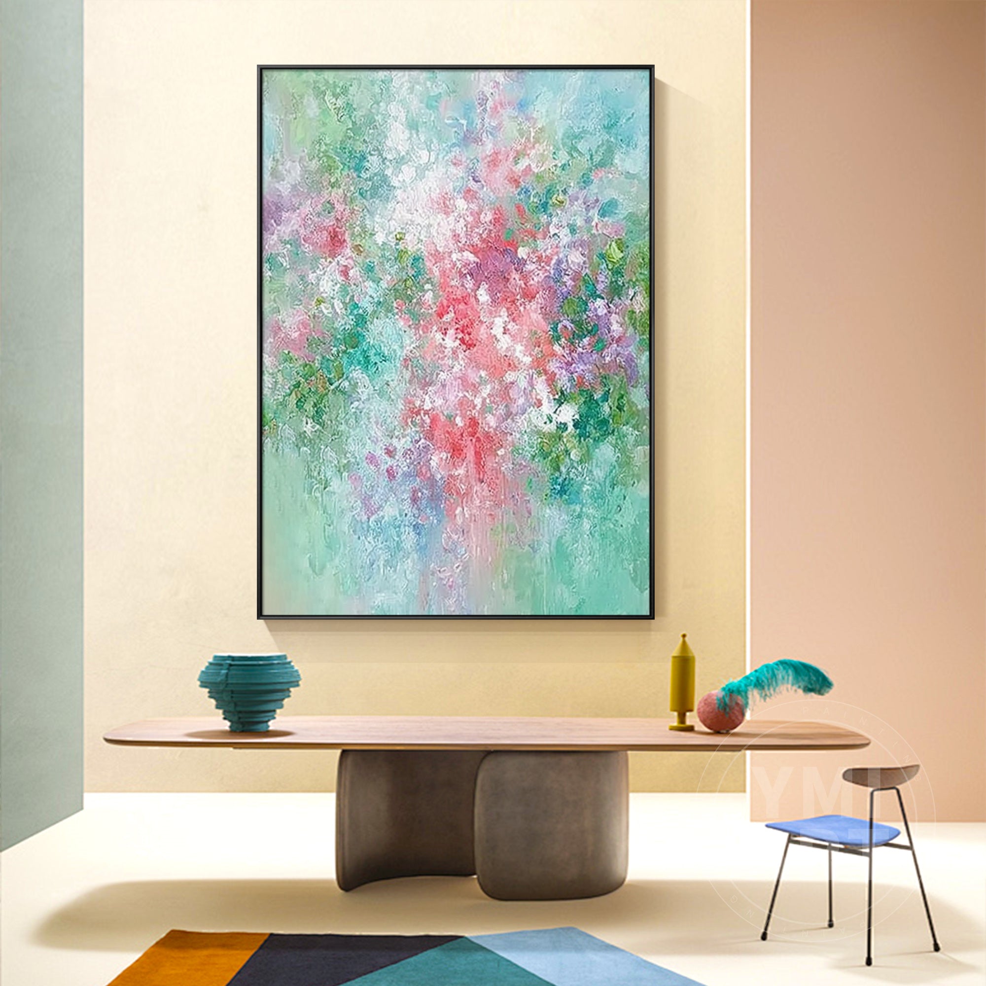 Hand‑painted vertical thick impasto textured abstract floral wall art with pastel pink teal purple garden blooms for boho cottagecore japandi modern romantic home decor