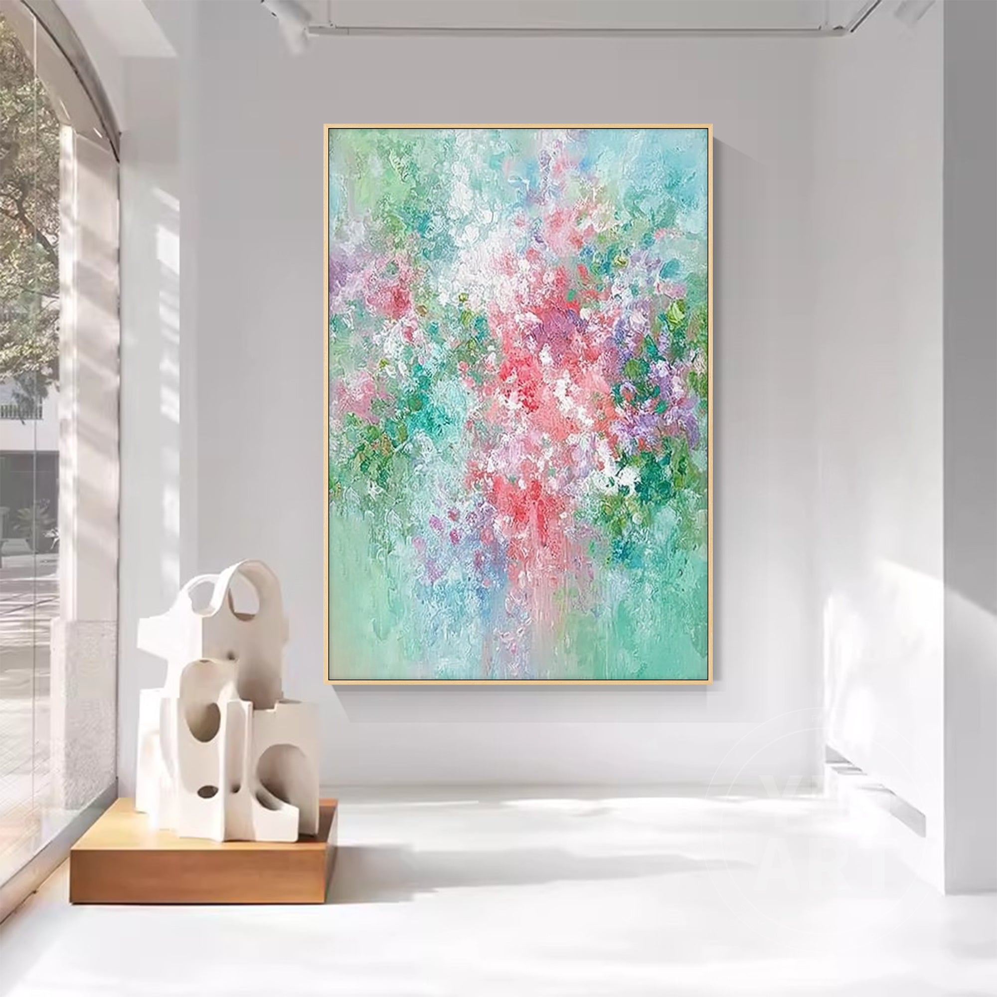 Hand‑painted vertical thick impasto textured abstract floral wall art with pastel pink teal purple garden blooms for boho cottagecore japandi modern romantic home decor