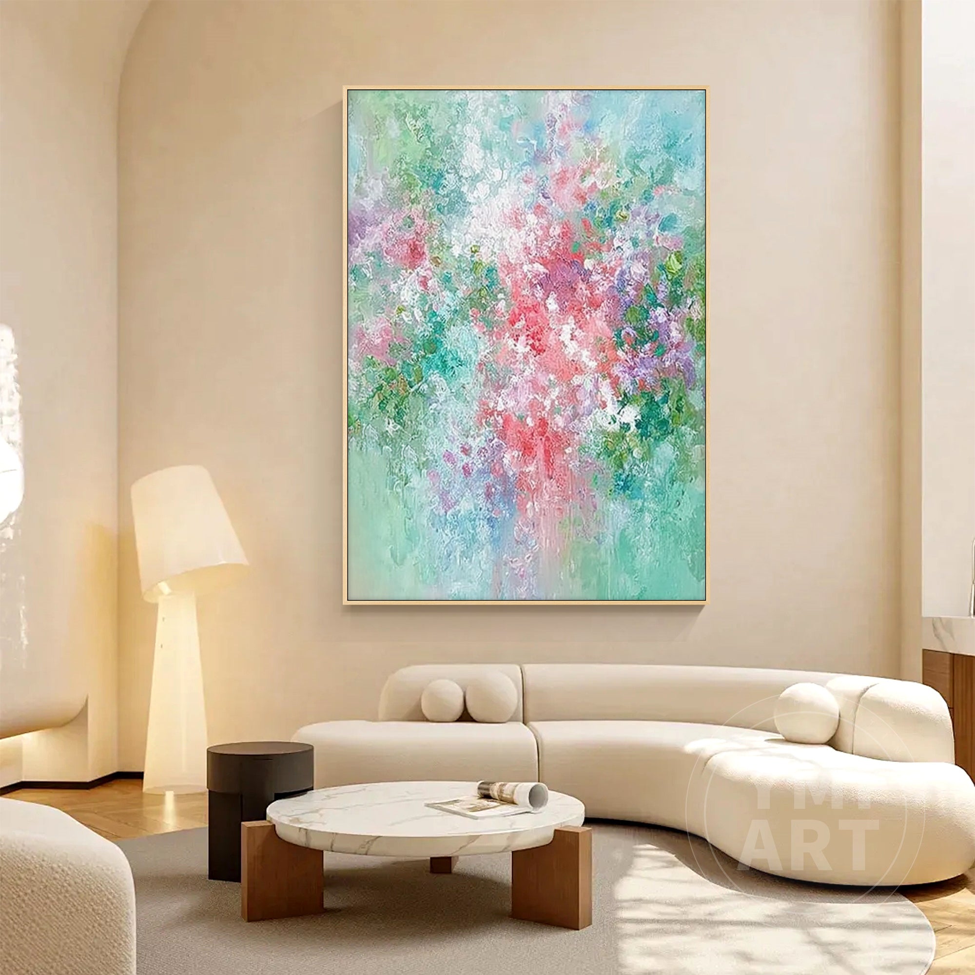 Hand‑painted vertical thick impasto textured abstract floral wall art with pastel pink teal purple garden blooms for boho cottagecore japandi modern romantic home decor