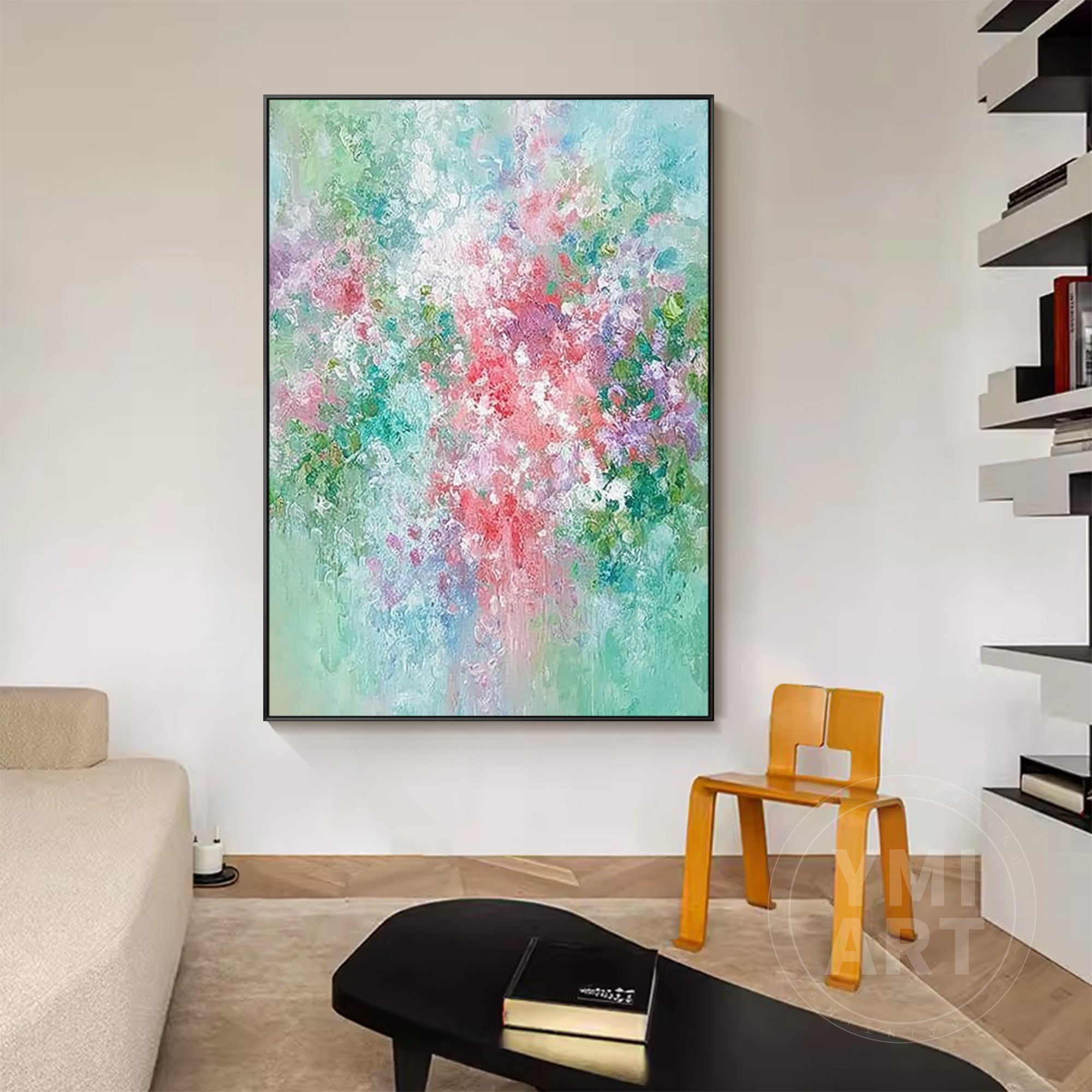 Hand‑painted vertical thick impasto textured abstract floral wall art with pastel pink teal purple garden blooms for boho cottagecore japandi modern romantic home decor