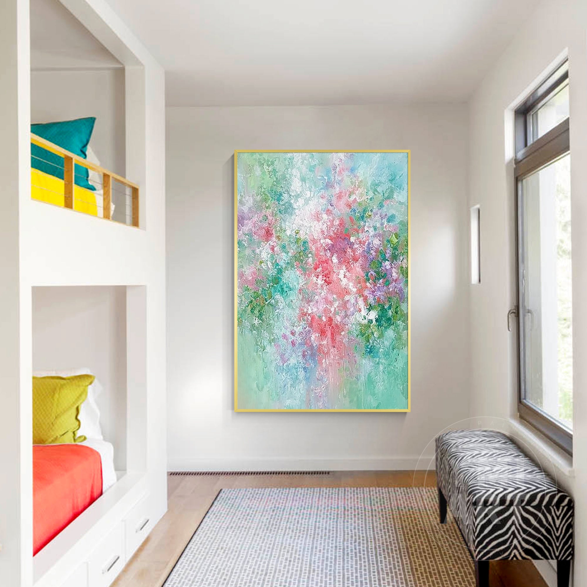 Hand‑painted vertical thick impasto textured abstract floral wall art with pastel pink teal purple garden blooms for boho cottagecore japandi modern romantic home decor