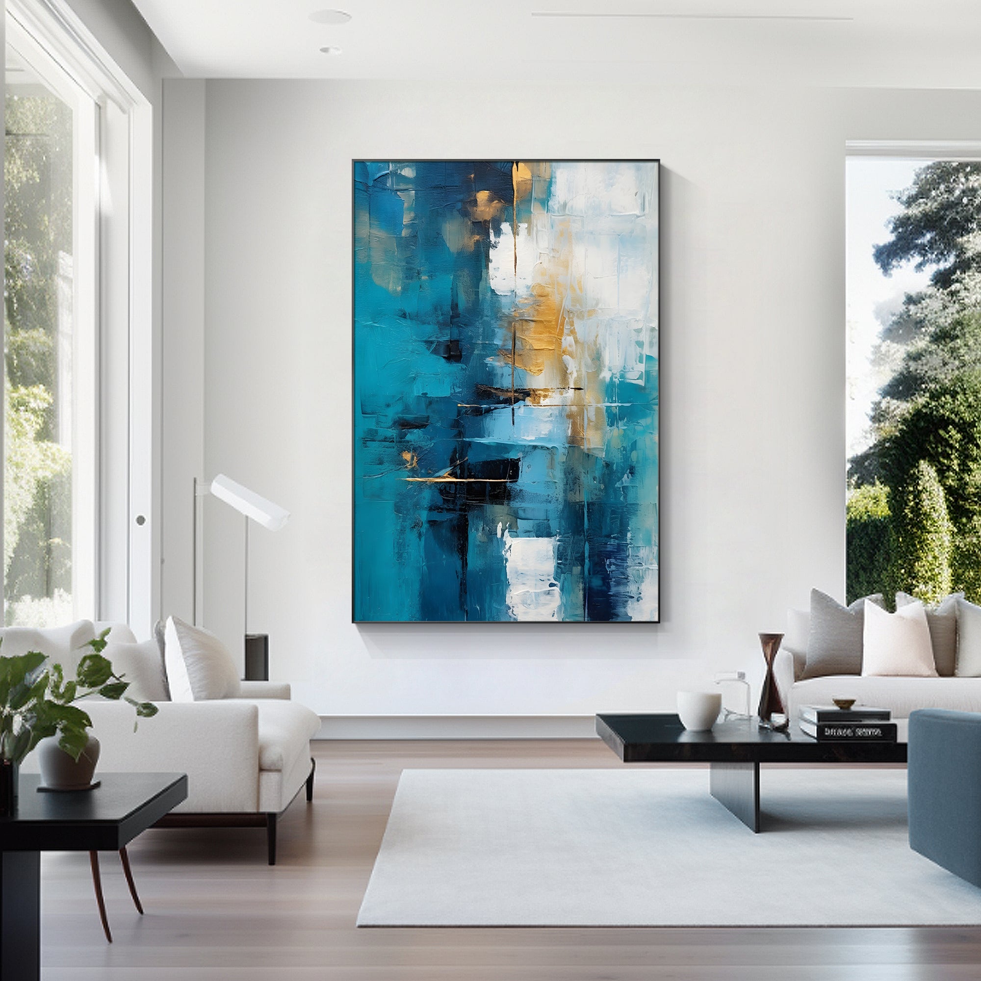 Hand‑painted vertical thick impasto textured abstract wall art with teal blue gold white ocean‑inspired strokes for modern luxury contemporary home decor