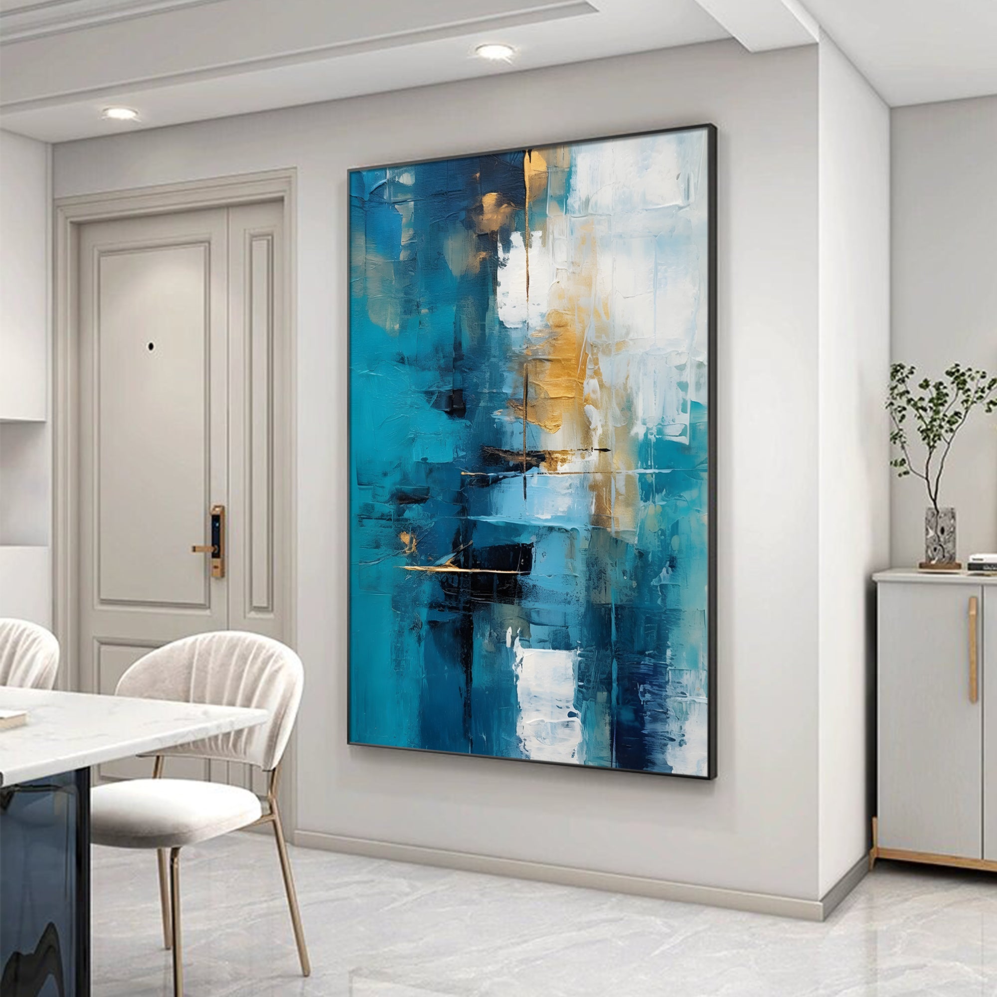 Hand‑painted vertical thick impasto textured abstract wall art with teal blue gold white ocean‑inspired strokes for modern luxury contemporary home decor