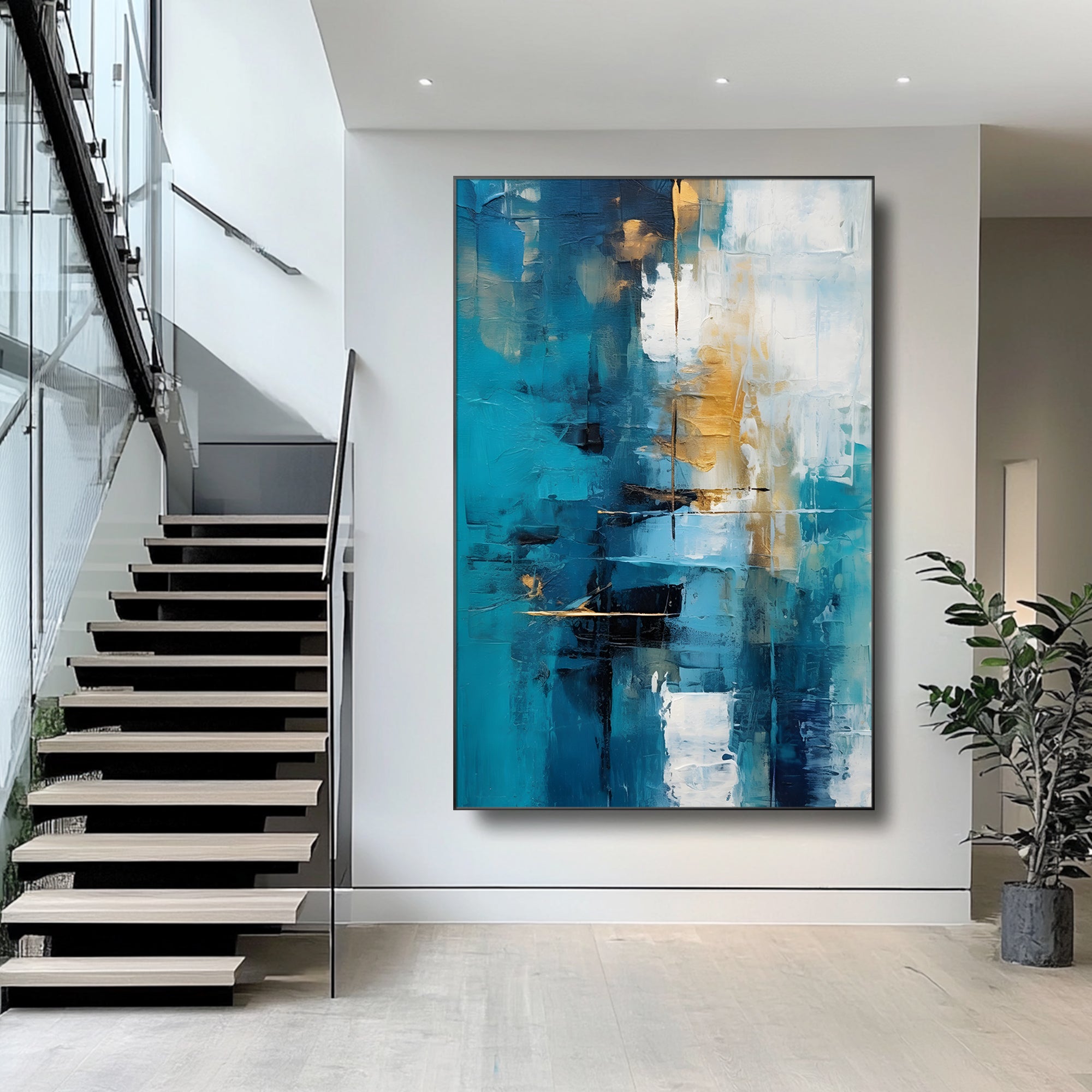 Hand‑painted vertical thick impasto textured abstract wall art with teal blue gold white ocean‑inspired strokes for modern luxury contemporary home decor