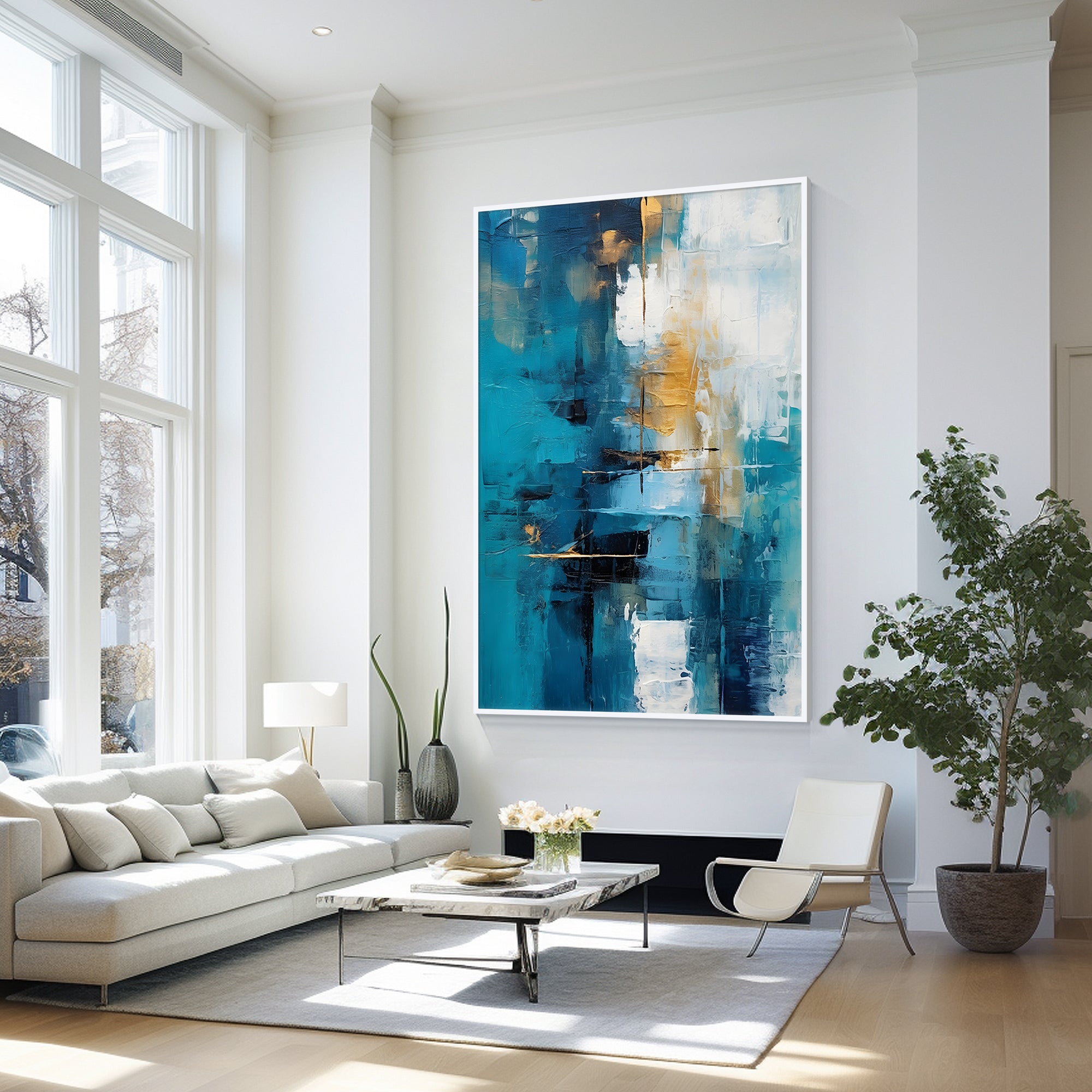 Hand‑painted vertical thick impasto textured abstract wall art with teal blue gold white ocean‑inspired strokes for modern luxury contemporary home decor