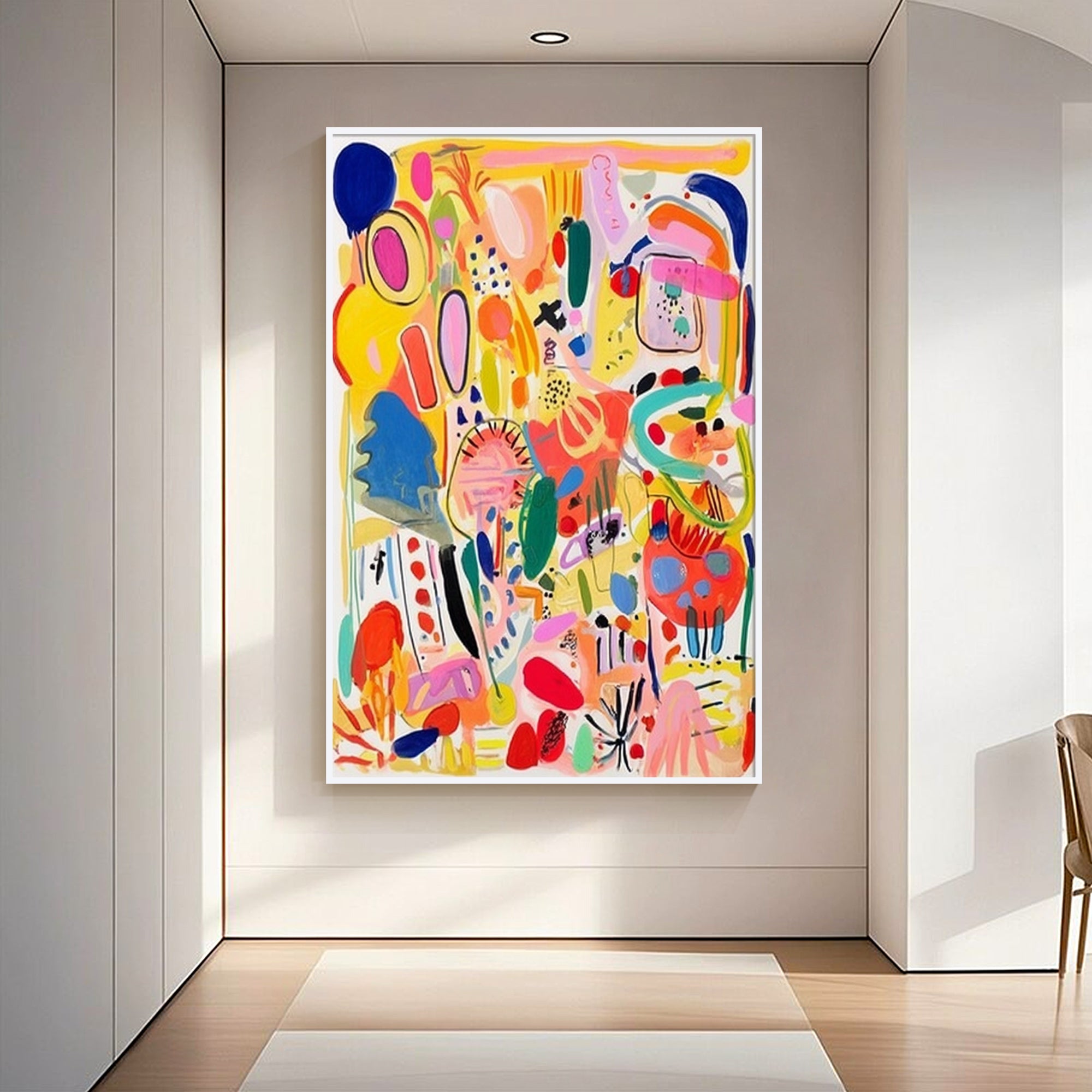 Hand‑painted vertical thick impasto textured colorful graffiti pop‑art abstract wall art with bold playful shapes for maximalist boho modern eclectic home decor