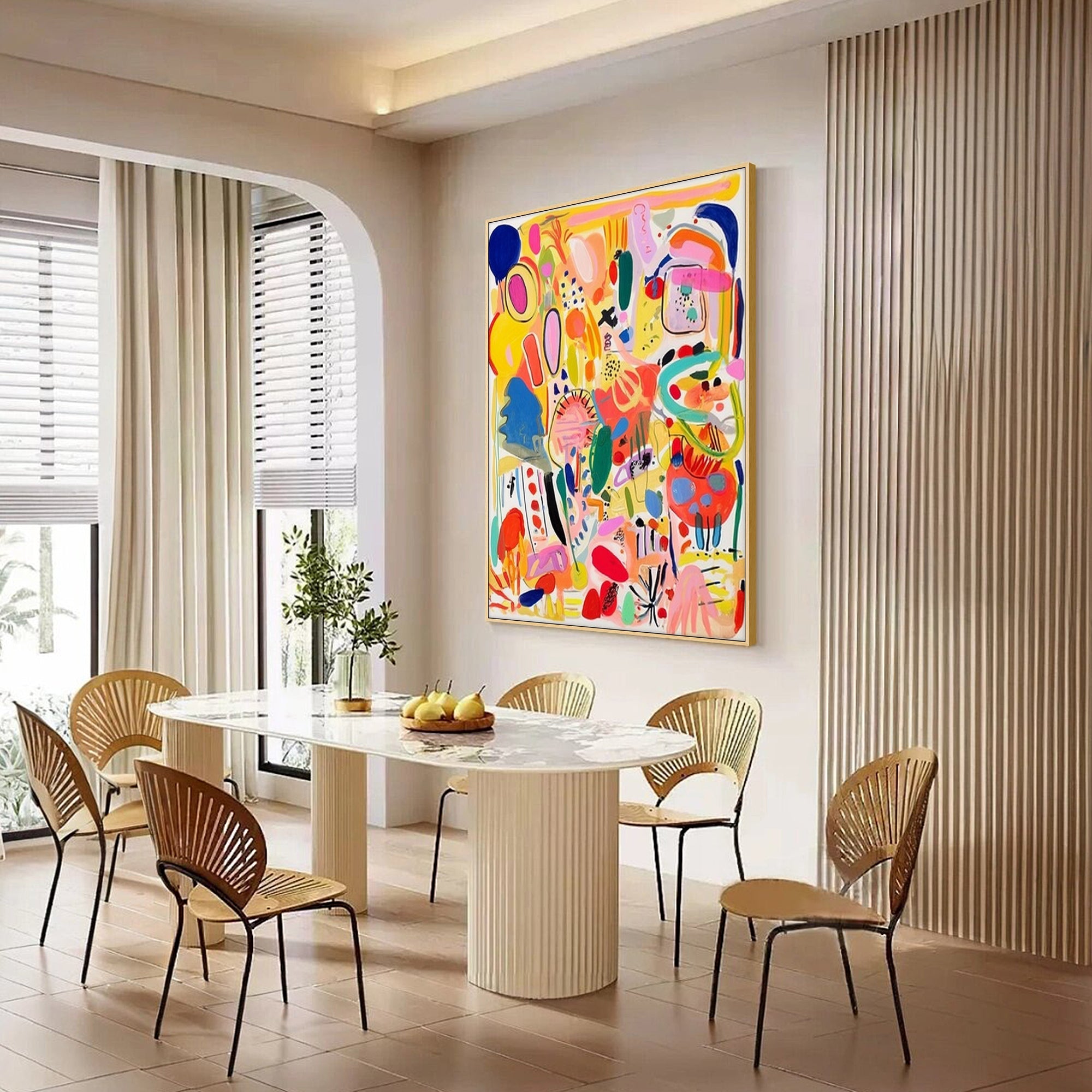 Hand‑painted vertical thick impasto textured colorful graffiti pop‑art abstract wall art with bold playful shapes for maximalist boho modern eclectic home decor