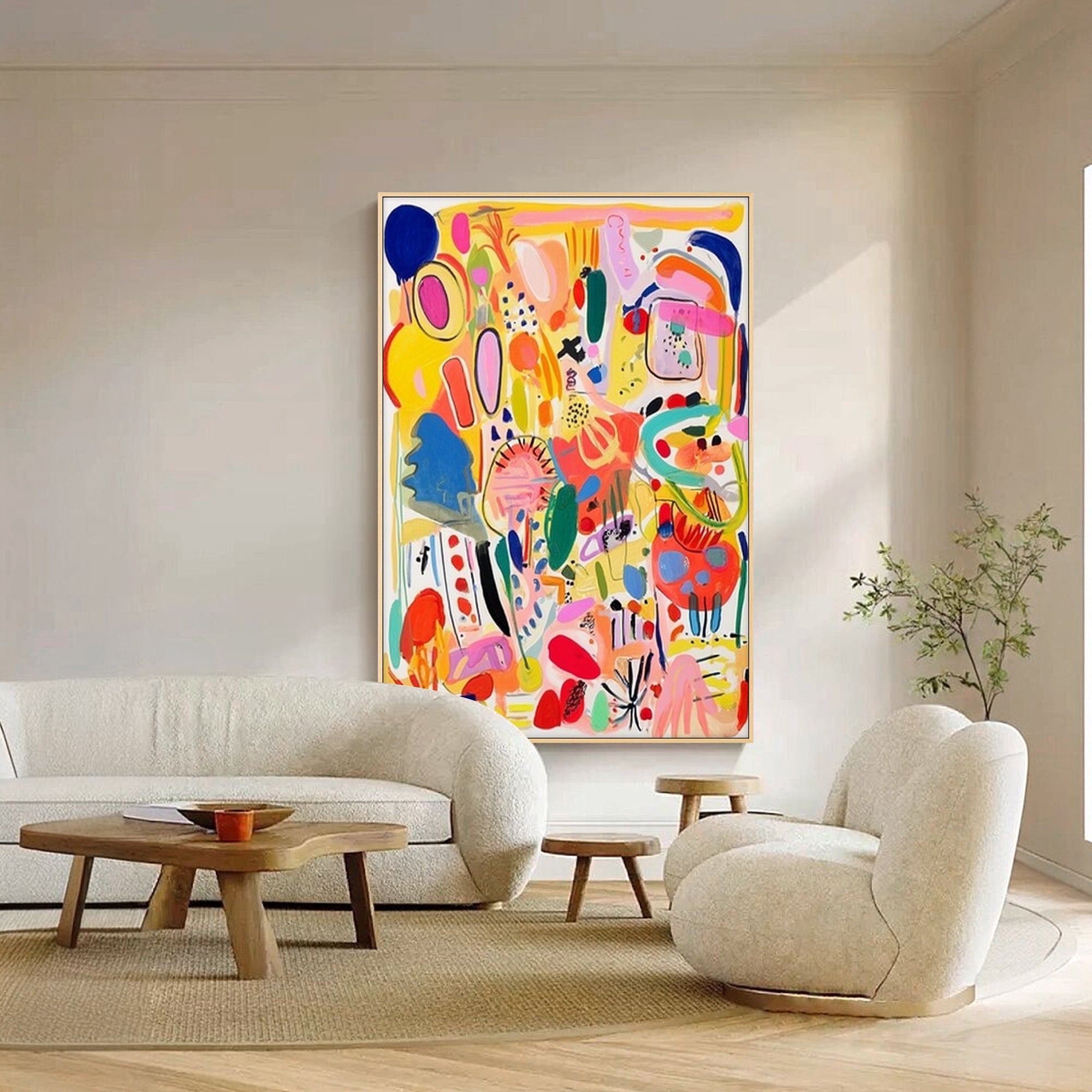 Hand‑painted vertical thick impasto textured colorful graffiti pop‑art abstract wall art with bold playful shapes for maximalist boho modern eclectic home decor