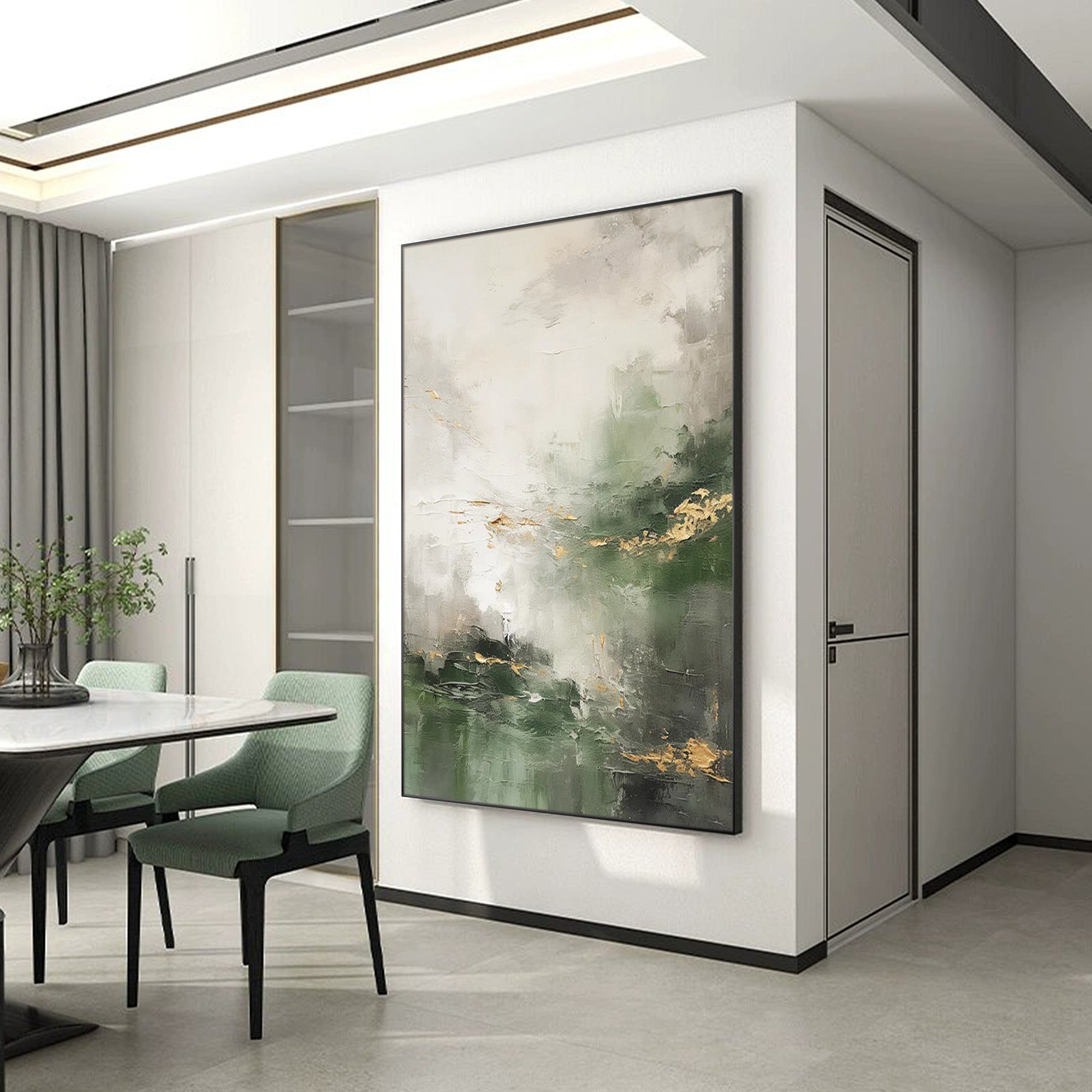  textured sage green gold foil abstract landscape wall art for wabi‑sabi japandi minimalist modern luxury home decor