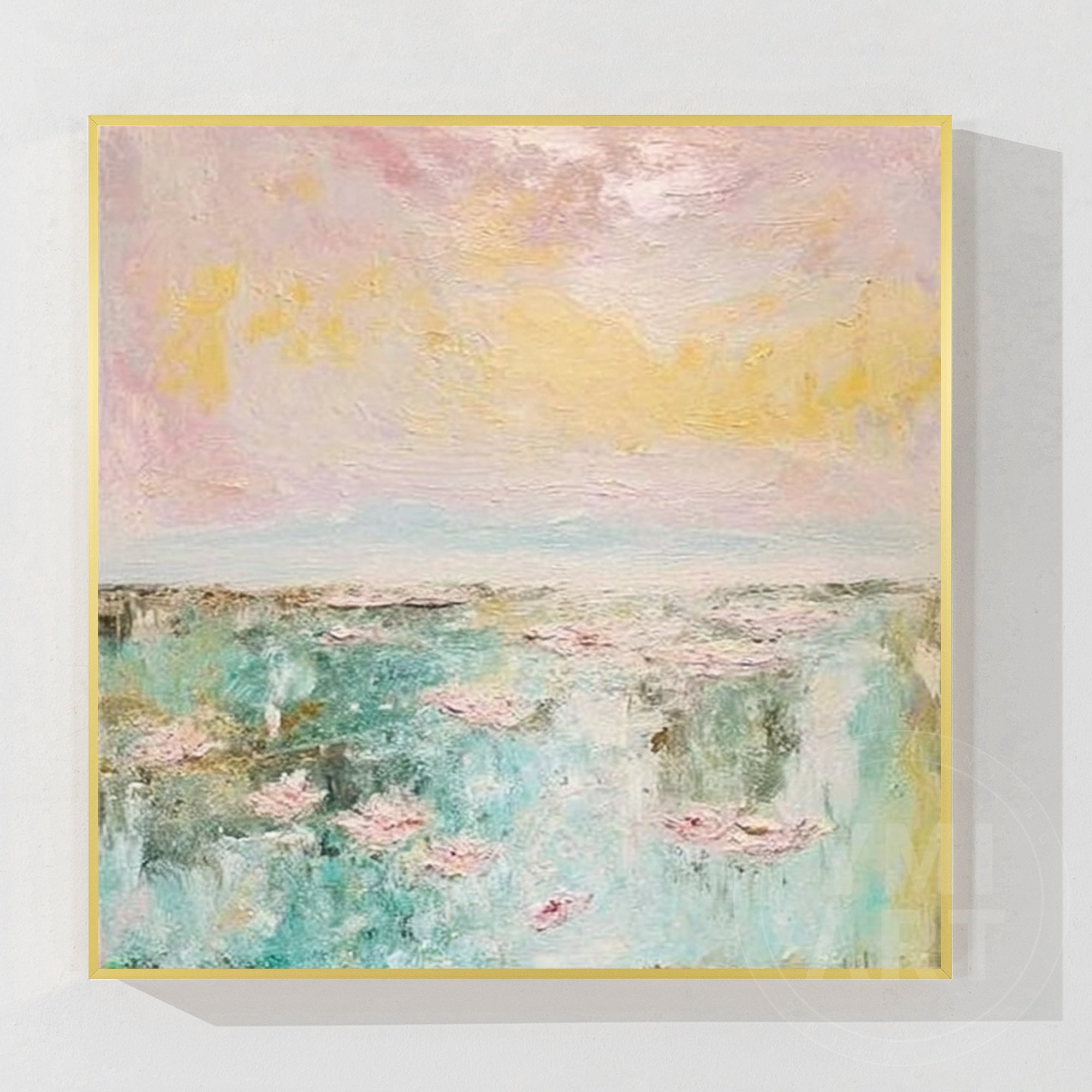 Pastel abstract landscape painting with soft pink sky and tranquil water reflections.
