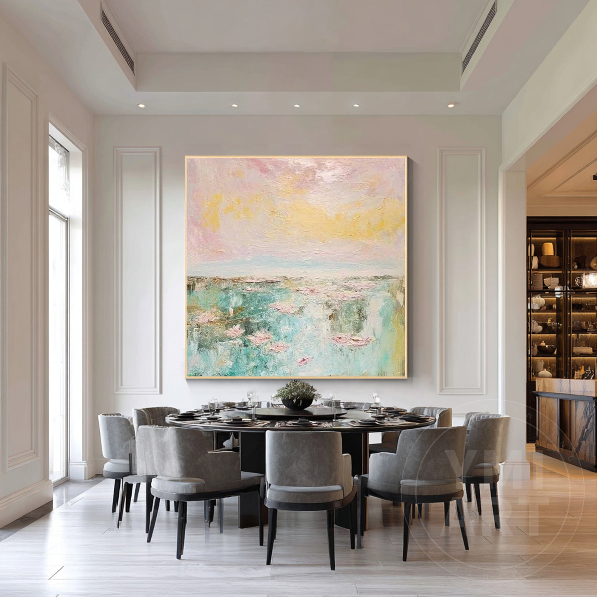 Impressionist-inspired water lily artwork in blush pink and aqua blue tones.