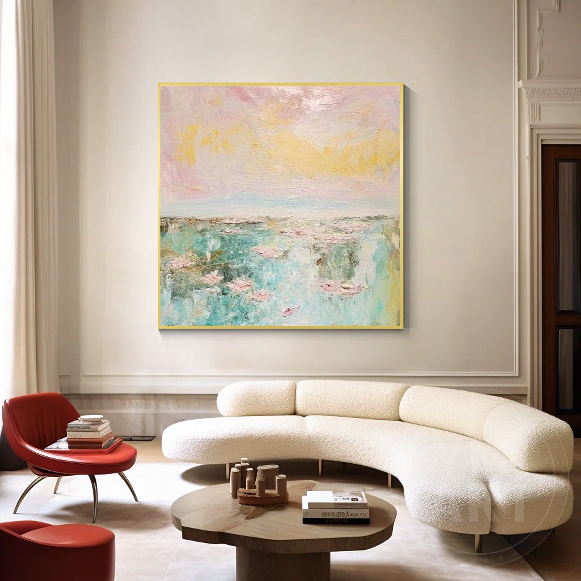 Dreamy abstract lake painting with textured brushstrokes and floating florals.