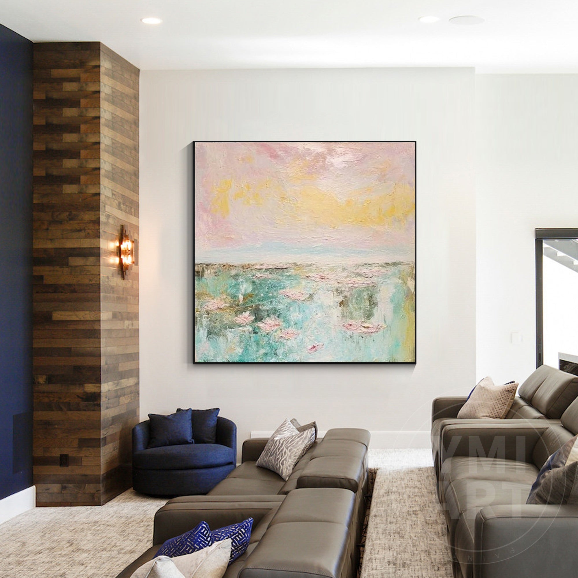 Monet-style pastel canvas art featuring peaceful water and luminous skies.