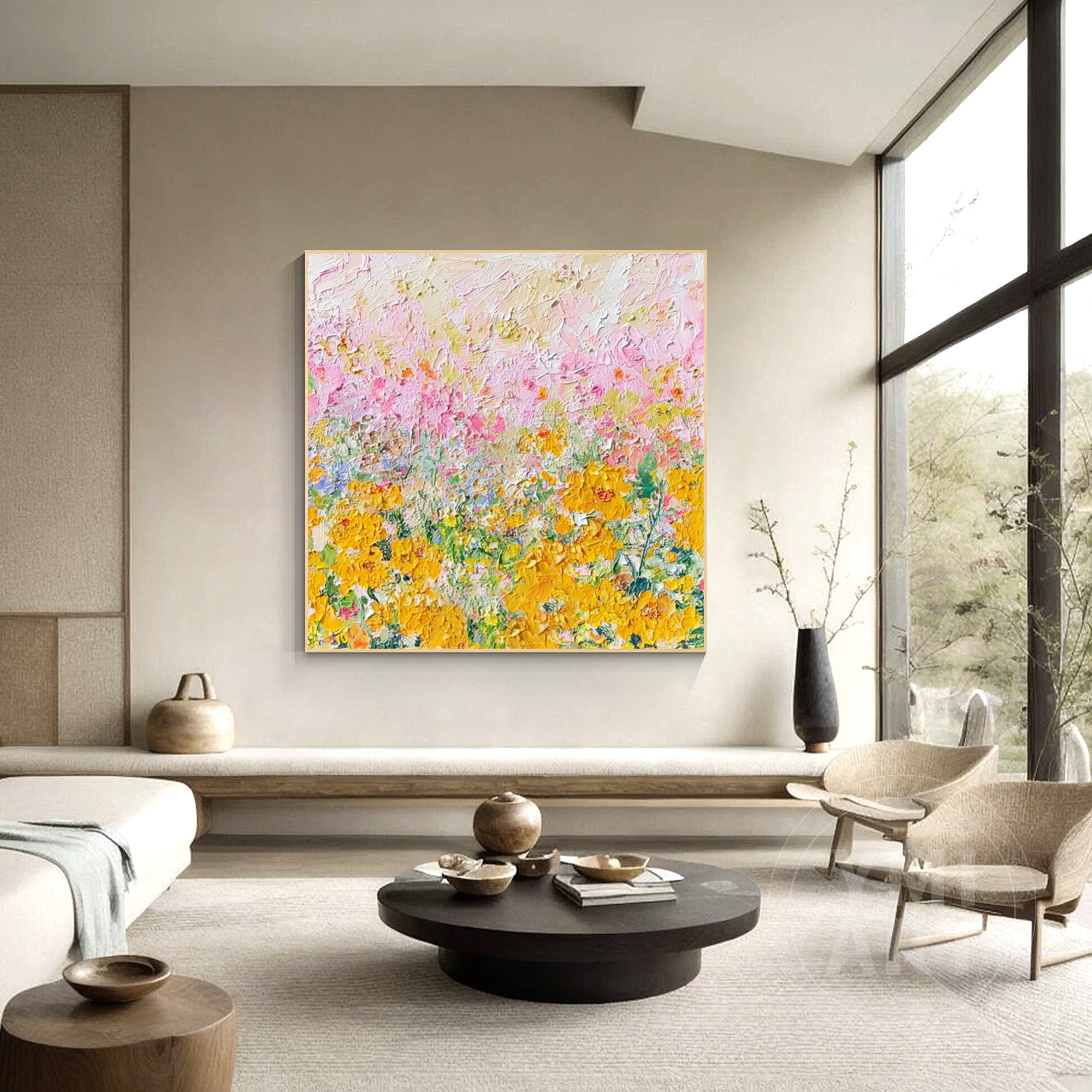 Thick 3D Textured Yellow Sunflower Abstract Floral Painting, Bright Nature Wall Decor for Boho Bedroom & Japandi Home