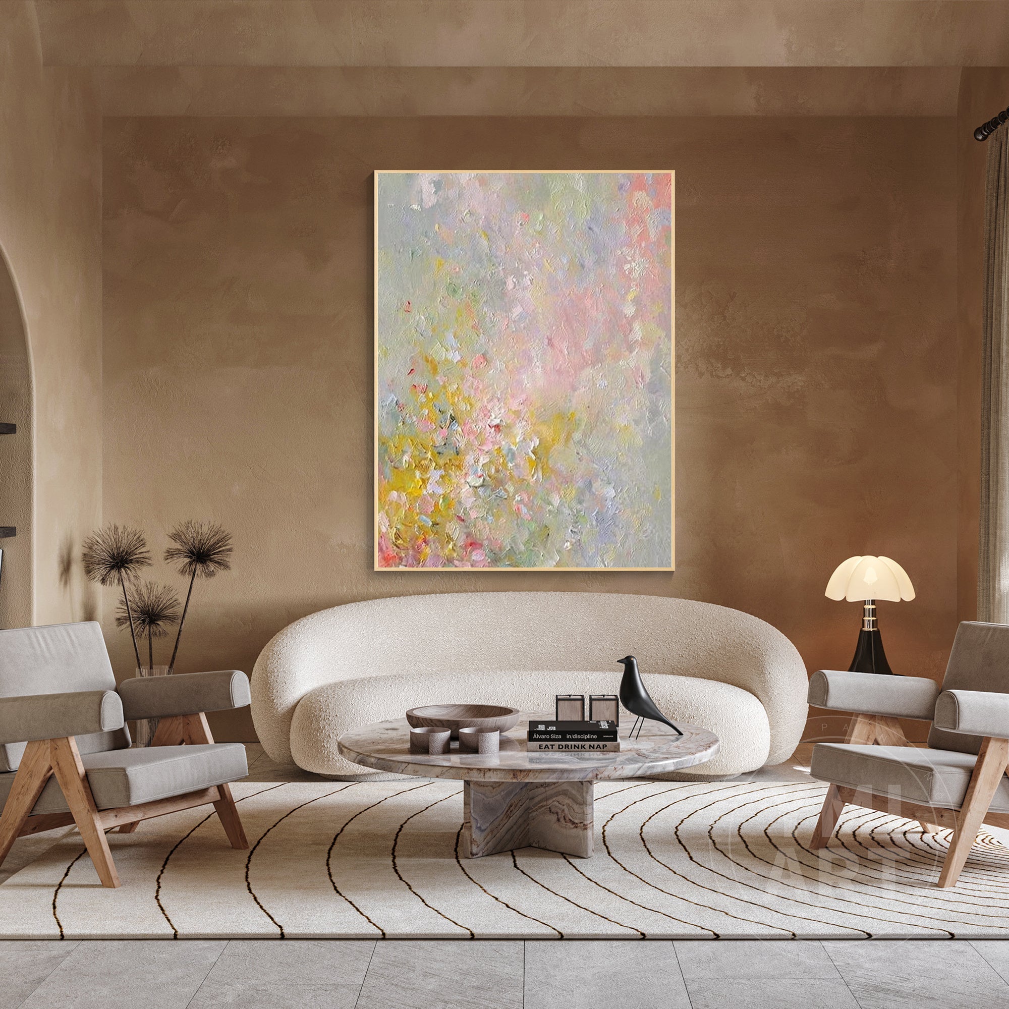 Vertical soft pastel wildflower impasto oil painting, textured impressionist blurred spring floral canvas wall art in pink yellow green neutral tones